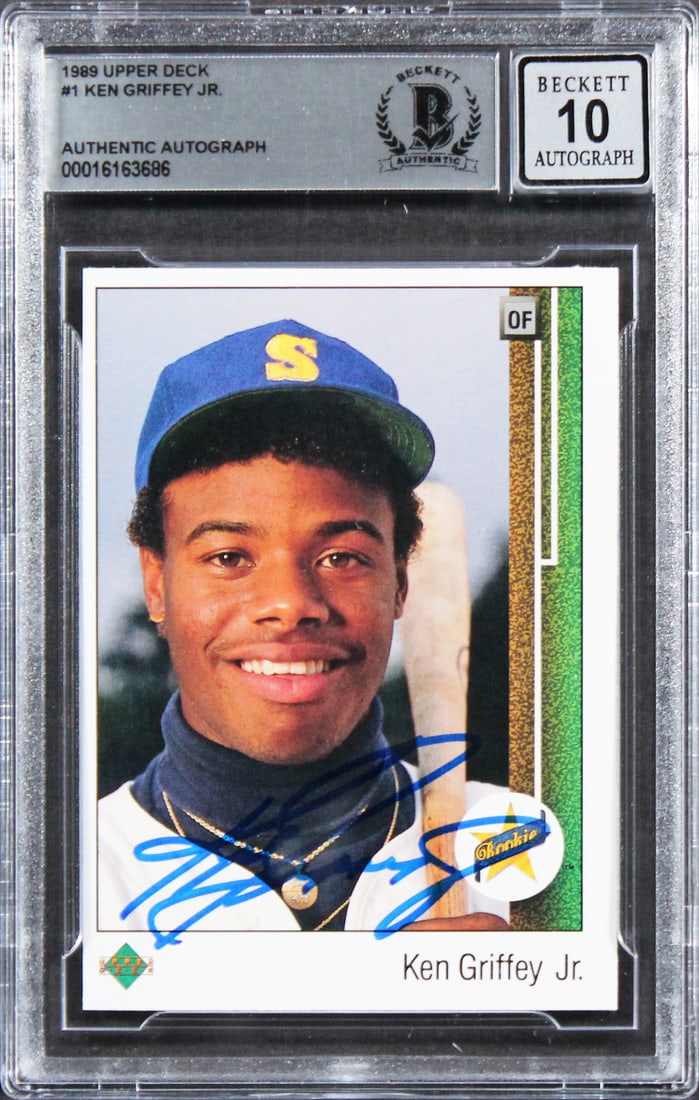 Ken Griffey Jr Signed 1989 Upper Deck Rookie Card Gem Mint 10 Beckett Authenticated: Ken Griffey Jr Signed 1989 Upper Deck Rookie Card Gem Mint 10 Beckett Authenticated This is an autographed 1989 Upper Deck #1 rookie card of Ken Griffey Jr., graded Gem Mint 10 by Beckett Authenticati