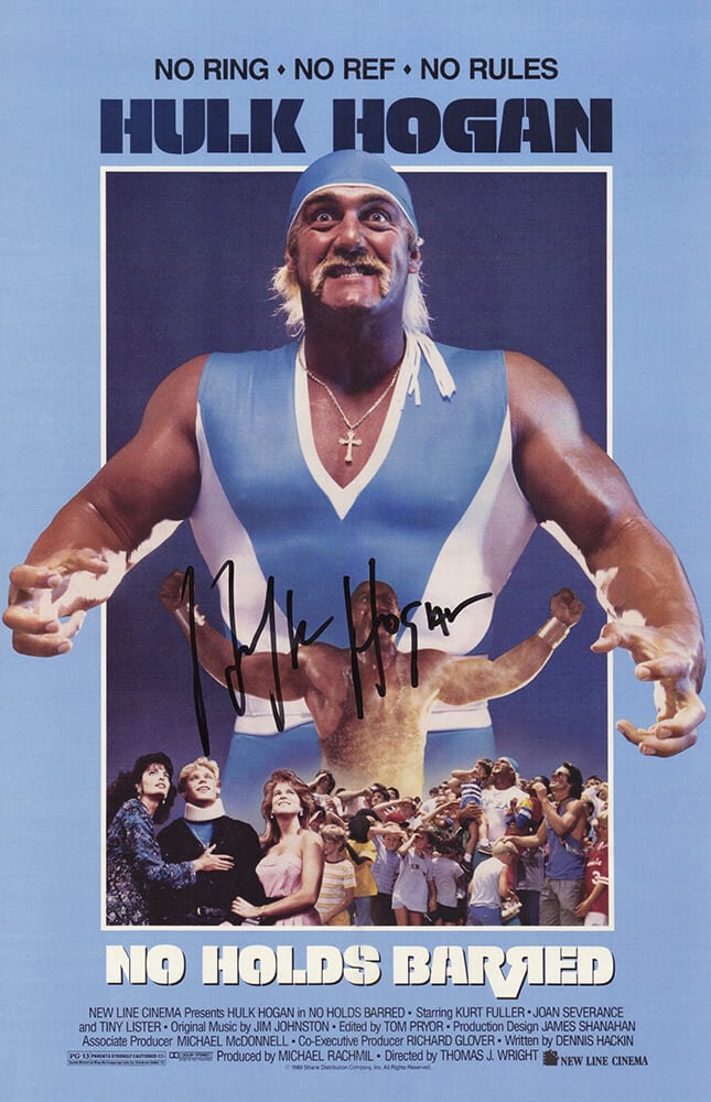 Hulk Hogan Signed No Holds Barred 11x17 Movie Poster with COA: Hulk Hogan Signed No Holds Barred 11x17 Movie Poster with COA Celebrate a classic moment in cinematic history with this original signed "No Holds Barred" movie poster featuring Hulk Hogan. Measuring 1