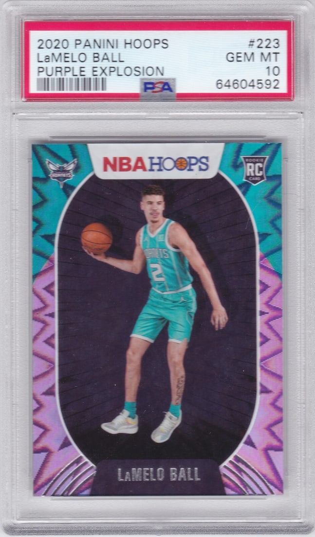 LaMelo Ball 2020-21 Panini Hoops #223 Purple Explosion Rookie Card Graded 10: LaMelo Ball 2020-21 Panini Hoops #223 Purple Explosion Rookie Card Graded 10 This LaMelo Ball 2020-21 Panini Hoops #223 Purple Explosion RC Rookie card is a must-have for any basketball fan and collec