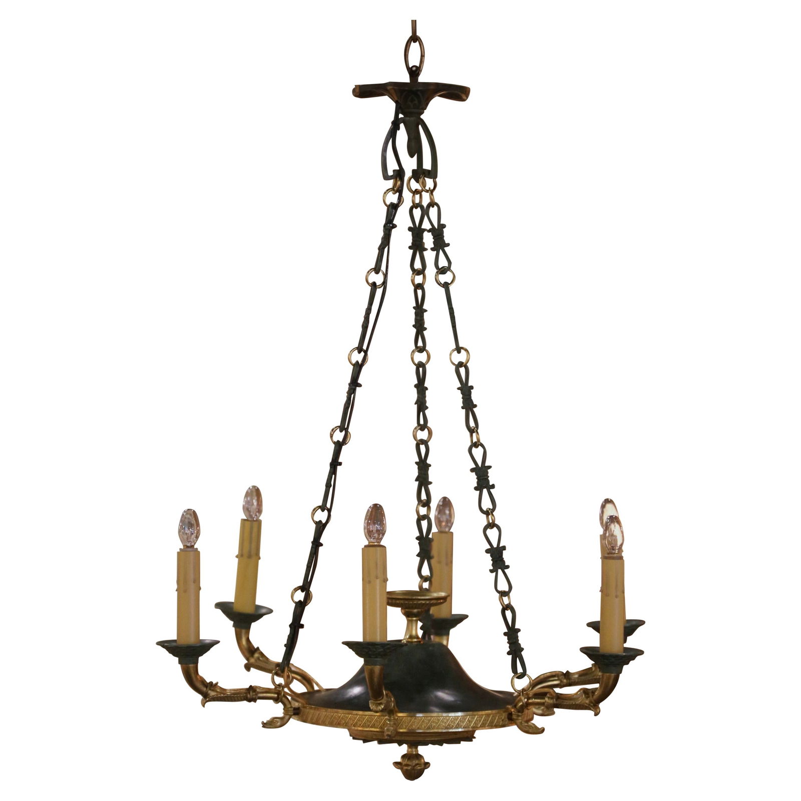 Antique French Empire Bronze Dore Six-Light Chandelier 1920: Antique French Empire Bronze Dore Six-Light Chandelier 1920 Illuminate your space with this exquisite Early 20th Century French Empire Bronze Dore Six-Light Chandelier. Crafted in Paris circa 1920, th