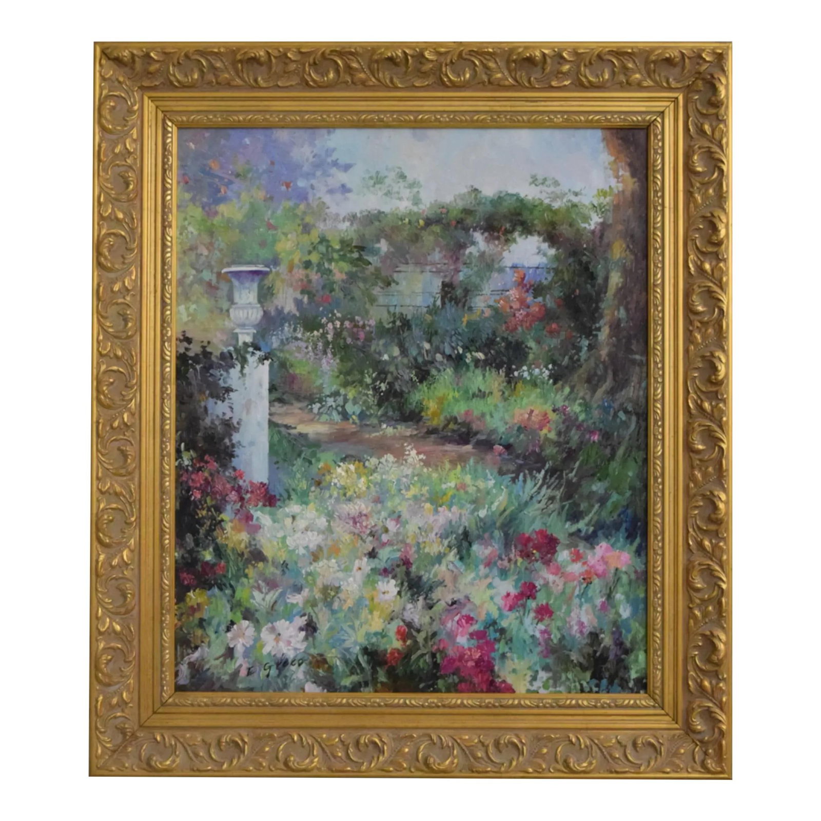 Vibrant Impressionist Oil Painting by Greco in Ornate Gold Frame: Vibrant Impressionist Oil Painting by Greco in Ornate Gold Frame Experience the beauty of an Impressionist oil painting capturing a vibrant garden scene, crafted with high-quality construction. This a