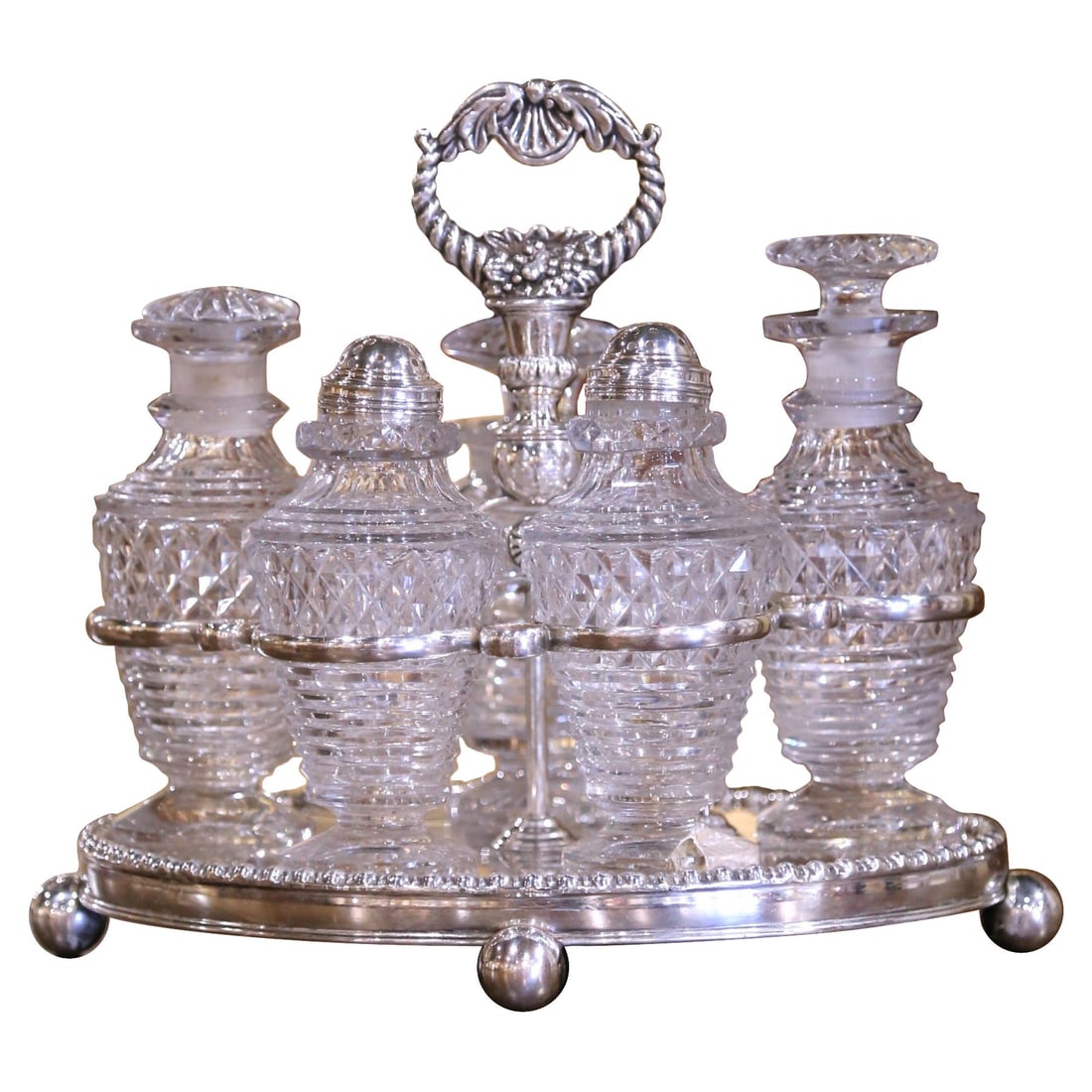 Antique Victorian English Silver Crystal Cruet Set 5 Pieces Circa 1880: Antique Victorian English Silver Crystal Cruet Set 5 Pieces Circa 1880 This exquisite 19th Century Victorian English Silver and Crystal Five-Piece Cruet Set is a stunning addition to any dining table.