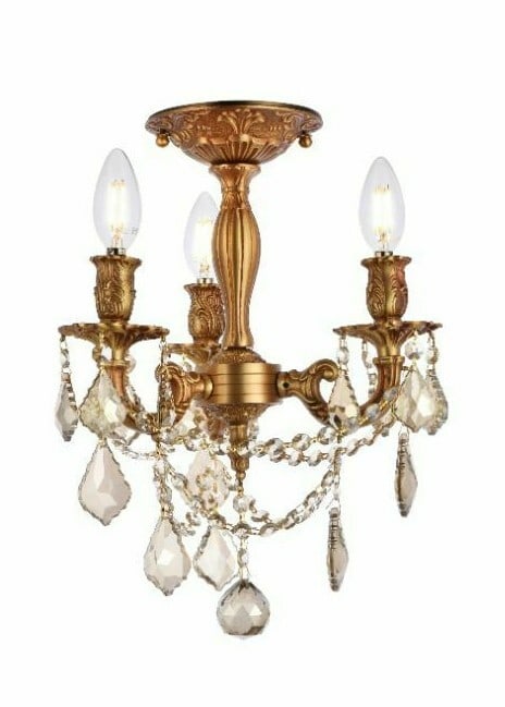 Rosalia 3-Light Flush Mount in French Gold with Golden Teak Crystals: Rosalia 3-Light Flush Mount in French Gold with Golden Teak Crystals Illuminate your space with this stunning French Gold Flush Mount Lighting fixture. Designed in a traditional style, this chandelier