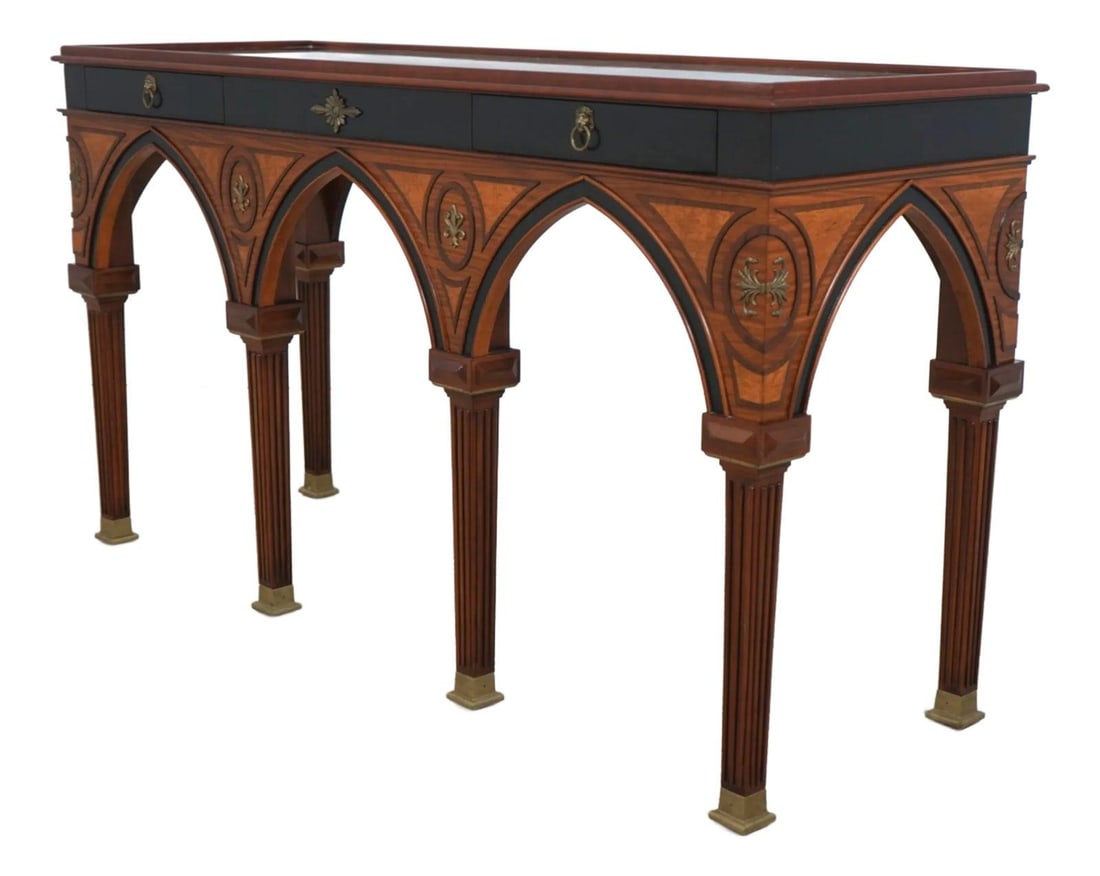 John Widdicomb Russian Empire Console Table Faux Marble Brass Ormolu: John Widdicomb Russian Empire Console Table Faux Marble Brass Ormolu This stunning console sideboard table showcases a classic Russian Empire design, crafted with high-quality construction. The faux m