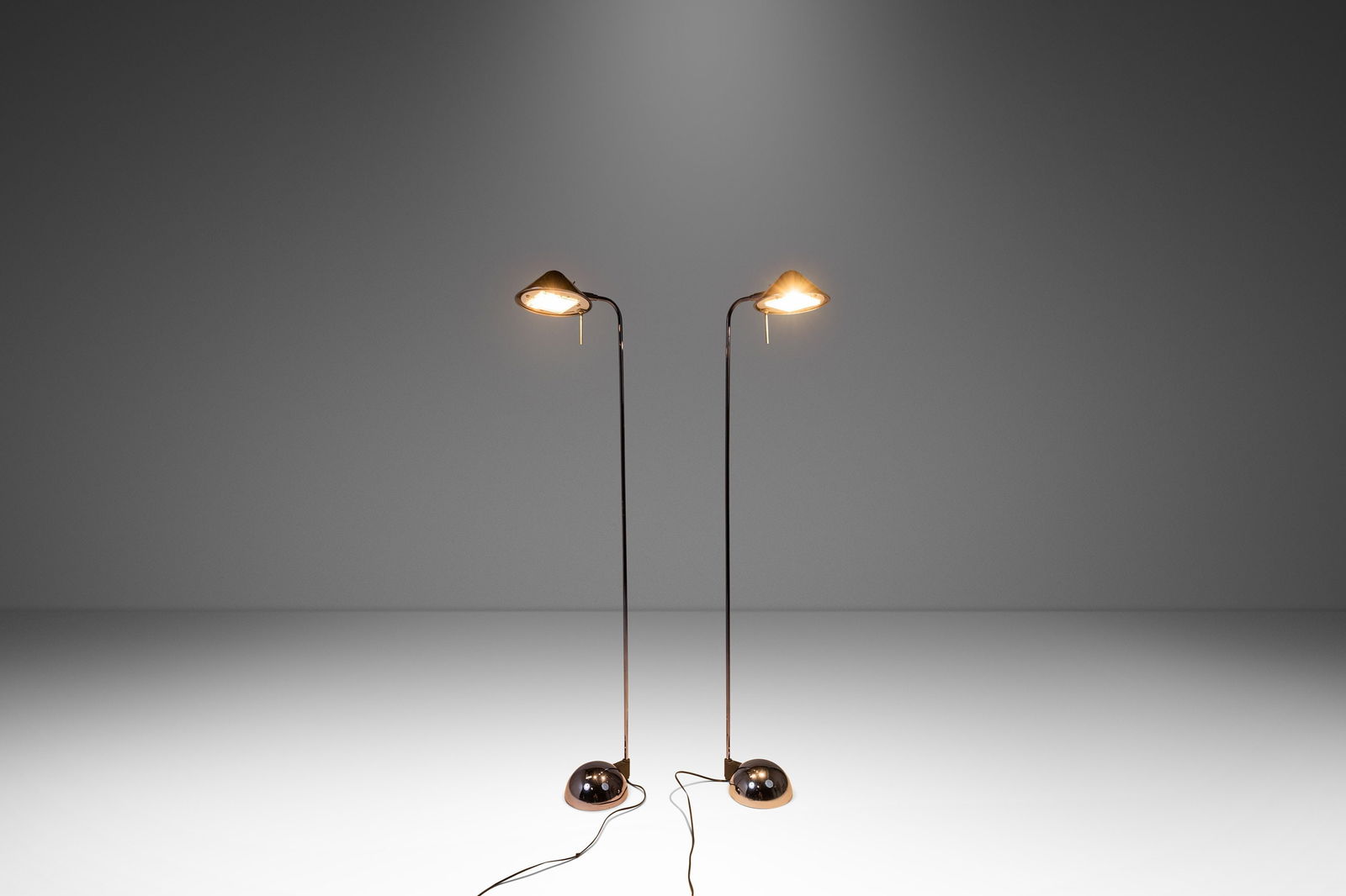 Rare Robert Sonneman Midnight Chrome Floor Lamps Set for George Kovacs 1987: Rare Robert Sonneman Midnight Chrome Floor Lamps Set for George Kovacs 1987 Discover a remarkable set of two Post Modern floor lamps designed by the acclaimed Robert Sonneman for George Kovacs, dating
