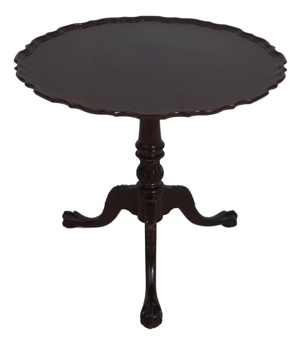 Chippendale Style Mahogany Tilt Top Pie Crust Table with Ball and Claw Feet: Chippendale Style Mahogany Tilt Top Pie Crust Table with Ball and Claw Feet This exquisite Chippendale Style Tilt Top Pie Crust Table showcases a classic design with a beautifully scalloped top edge a