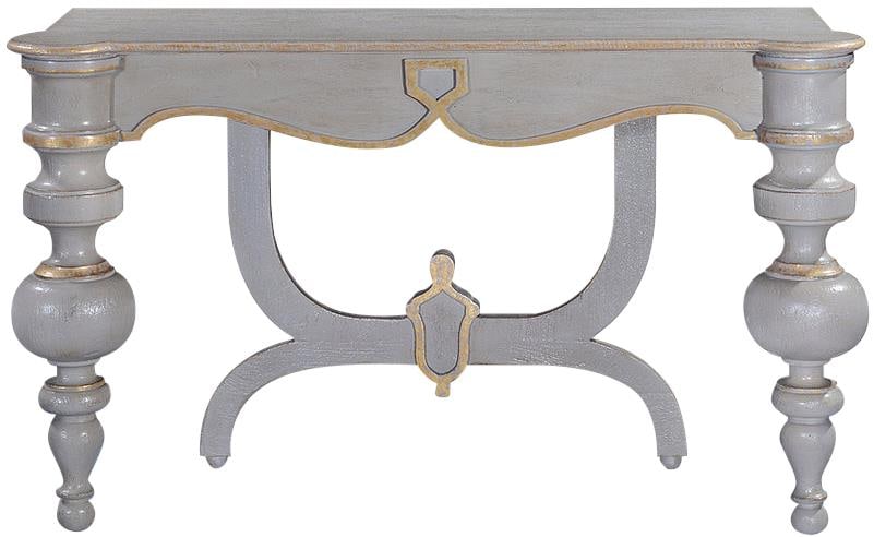 Portico Console Table Pewter Gray with Gold Accents Old World Style: Portico Console Table Pewter Gray with Gold Accents Old World Style Elevate your living space with this Luxurious Pewter Gray Console, showcasing elegant gold accents that enhance its Old World style.