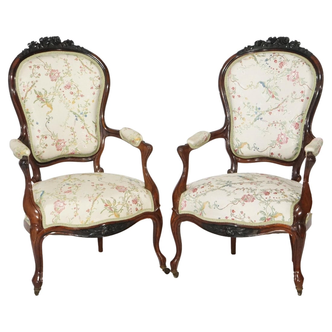 Victorian Carved Rosewood Parlor Chairs Set of 2 Circa 1890: Victorian Carved Rosewood Parlor Chairs Set of 2 Circa 1890 This exquisite pair of Victorian parlor armchairs, crafted around 1890, showcases the elegance of the late 19th century. Constructed from ri