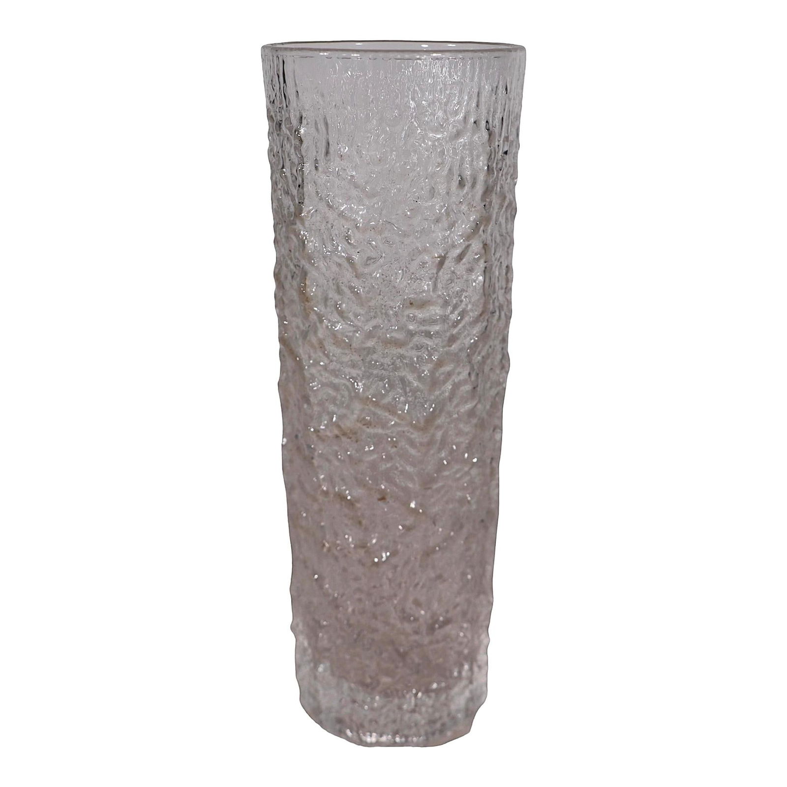Geoffery Baxter Textured Bark Glass Vase Whitefriars 1960s: Geoffery Baxter Textured Bark Glass Vase Whitefriars 1960s This striking tall flower vase showcases a beautifully textured bark surface, attributed to the renowned designer Geoffrey Baxter for Whitefr
