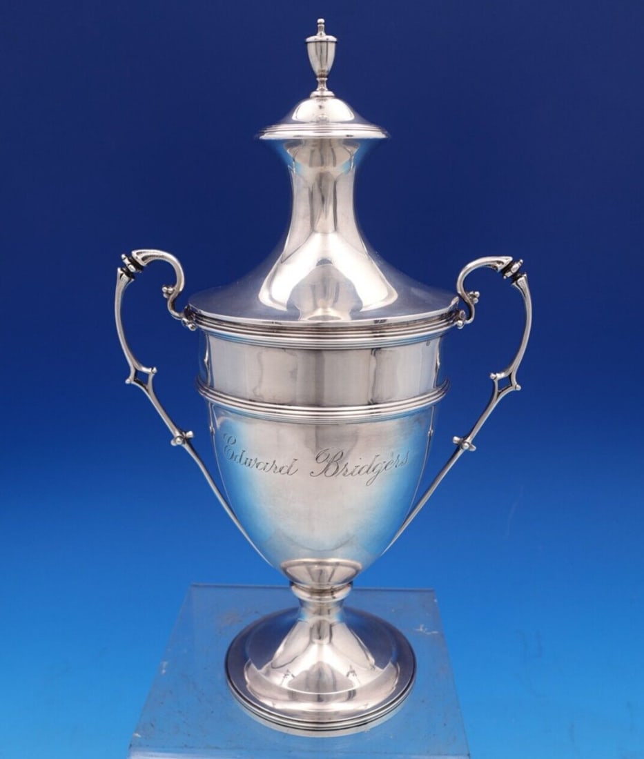 Crichton Bros Sterling Silver Covered Urn 10 inch Circa 1917 Edward Bridgers Engraved: Crichton Bros Sterling Silver Covered Urn 10 inch Circa 1917 Edward Bridgers Engraved Discover a remarkable English estate sterling silver covered urn by Crichton Bros, crafted in London circa 1917. T