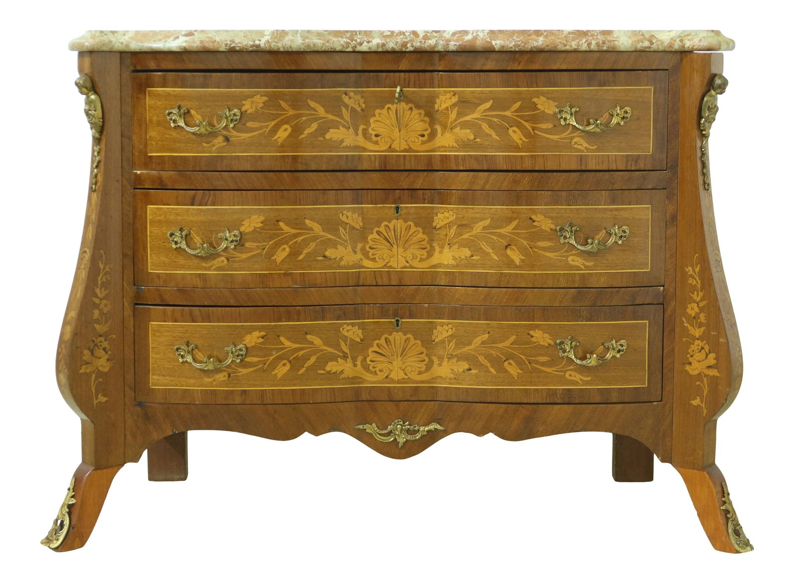 1920s French Marble Top Inlaid 3 Drawer Commode Chest: 1920s French Marble Top Inlaid 3 Drawer Commode Chest This exquisite French commode chest, dating back to the 1920s, features a stunning marble top and three dovetailed drawers, showcasing high-qualit