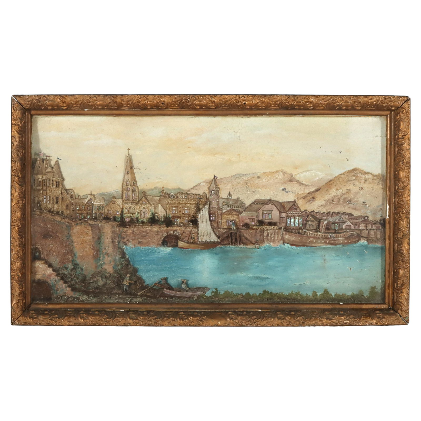 Vintage 3D River Town Diorama Late 19th Century C1880: Vintage 3D River Town Diorama Late 19th Century C1880 This exquisite antique 3D diorama depicts a charming river town harbor scene from the late 19th century, dated circa 1880. Crafted from materials