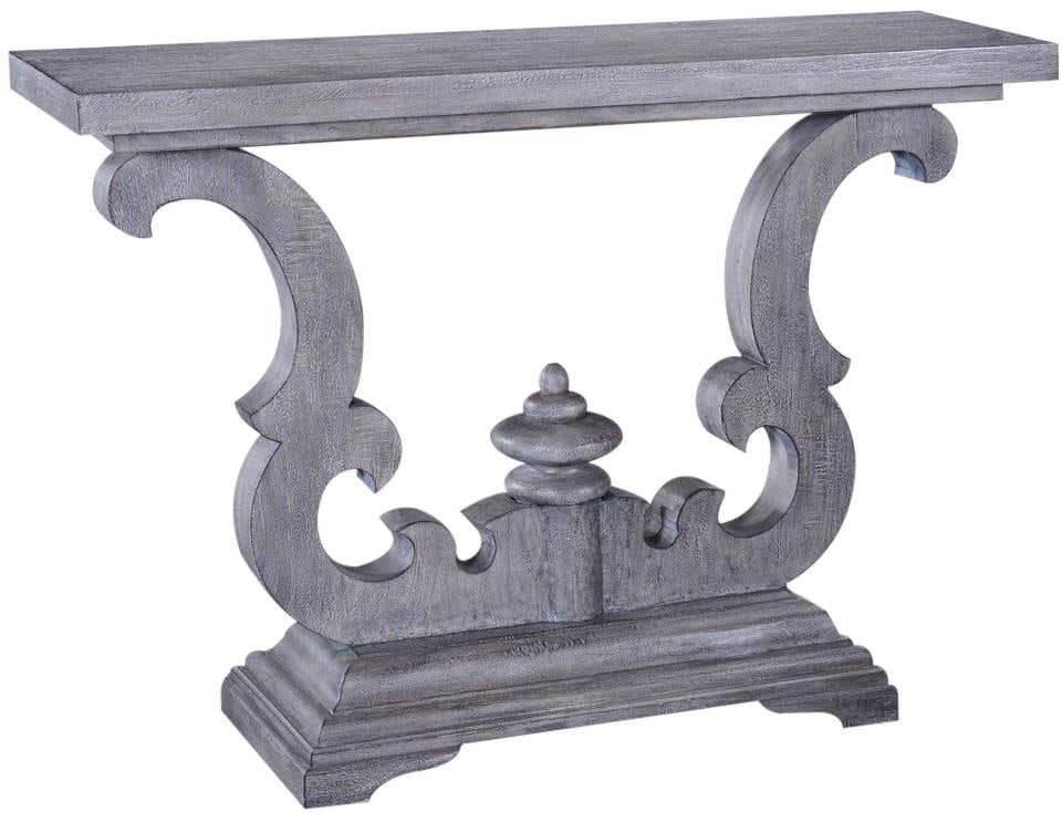 Cambridge Console Table Solid Wood Weathered Gray Old World Scroll Design: Cambridge Console Table Solid Wood Weathered Gray Old World Scroll Design Introducing the Cambridge Console Table, a stunning blend of Old World style and timeless elegance. This table features a heav