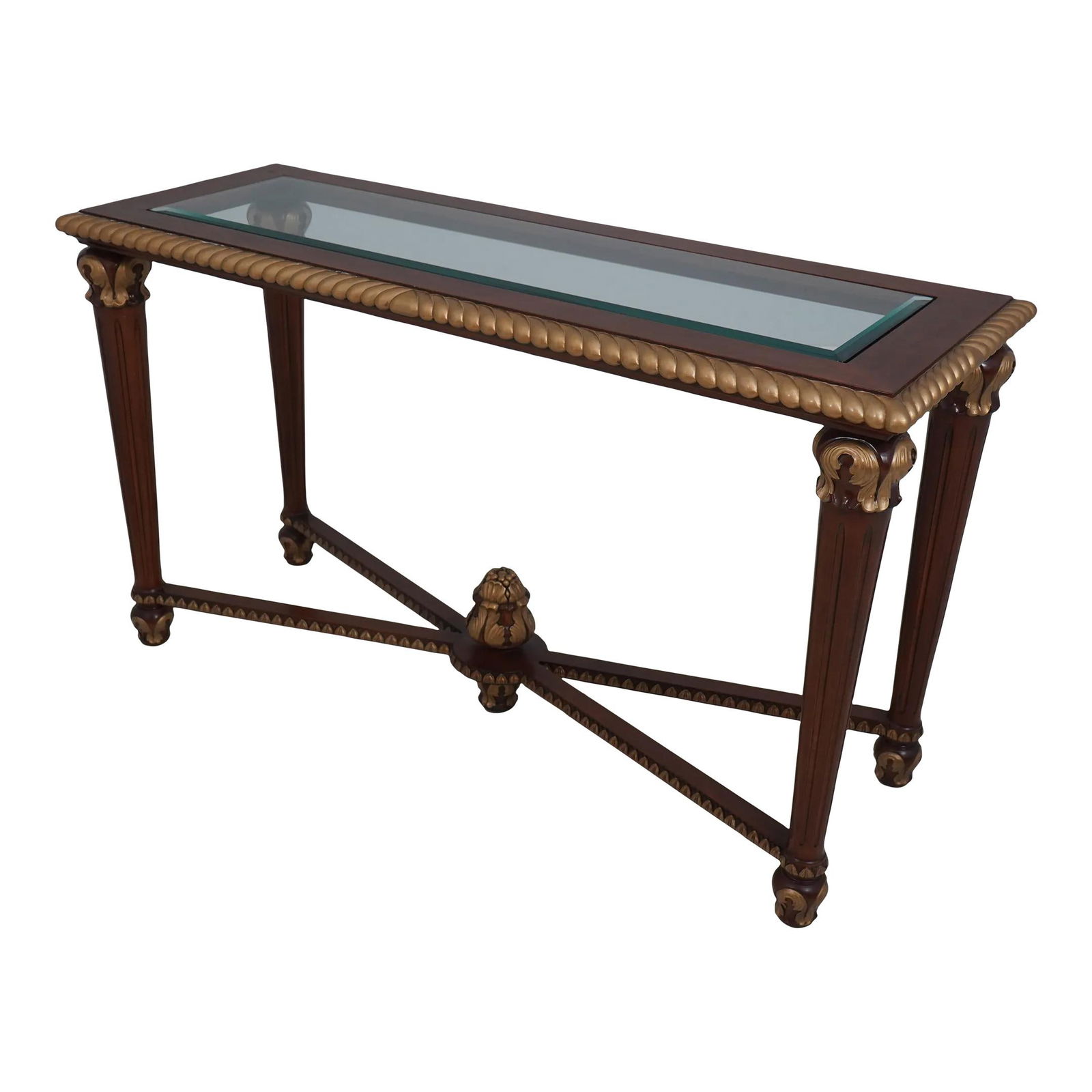 Regency Style Console Table with Beveled Glass Top and Gold Trim: Regency Style Console Table with Beveled Glass Top and Gold Trim This exquisite Regency Style Console Table features a beveled glass top and quality construction, showcasing a gold painted trim that e