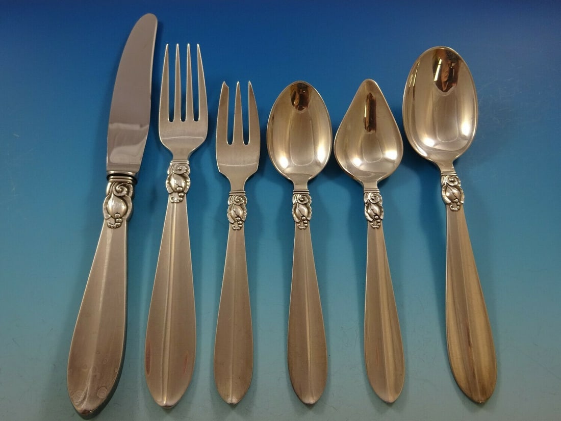 Frigast Princess Fuchsia Sterling Silver Flatware Set 75 Pcs Modern Scandinavian: Frigast Princess Fuchsia Sterling Silver Flatware Set 75 Pcs Modern Scandinavian Discover the elegance of the exceptional Scandinavian modern 'Princess Fuchsia' flatware set by Frigast, crafted from h