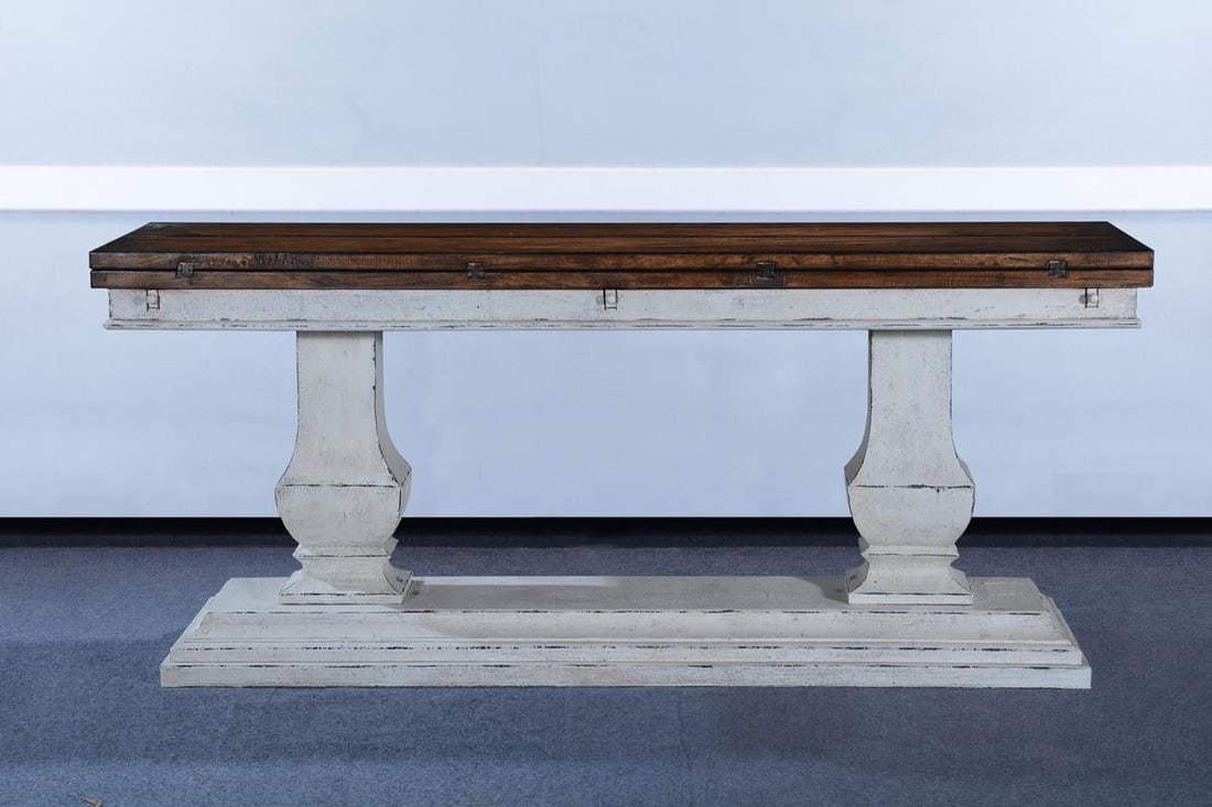 White Sedona Console Table Rustic Pecan Top Tuscan Style: White Sedona Console Table Rustic Pecan Top Tuscan Style This elegant Antique Style White Sedona Console Table combines rustic charm with timeless design. Crafted from solid wood, it features a stunni