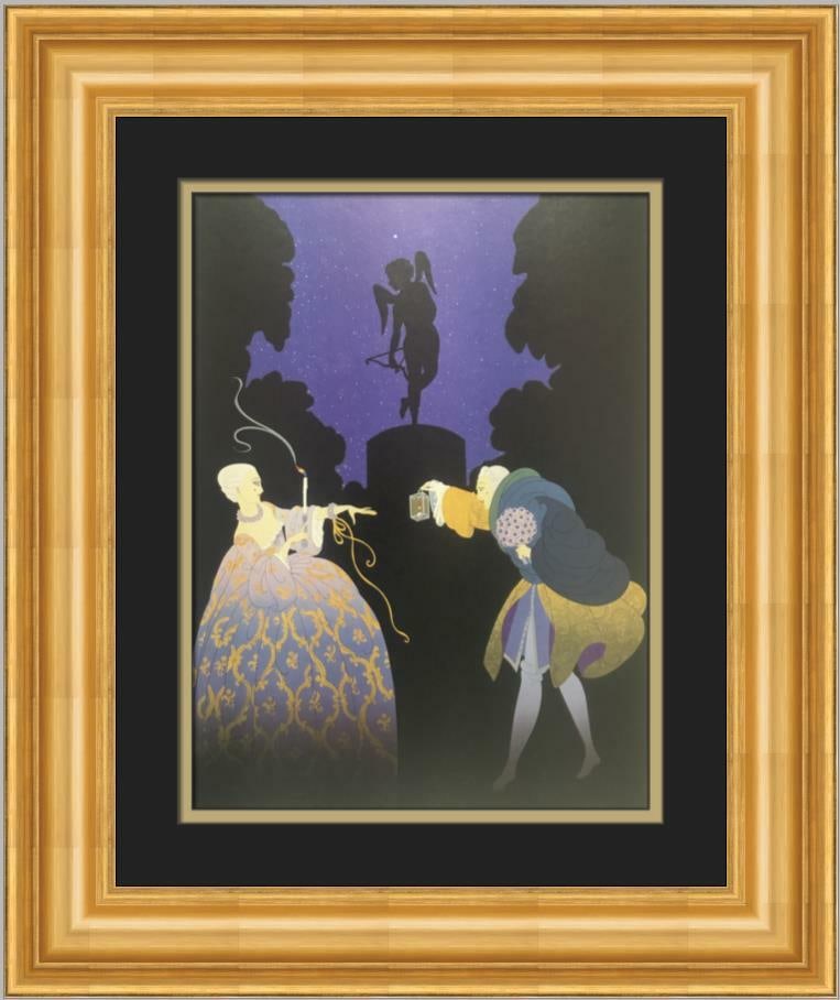 Erte Rendezvous Art Deco Custom Framed Lithograph Print: Erte Rendezvous Art Deco Custom Framed Lithograph Print This exquisite Erte "Rendezvous" print showcases a captivating Art Deco style, featuring elegant figures that embody the essence of the era. The
