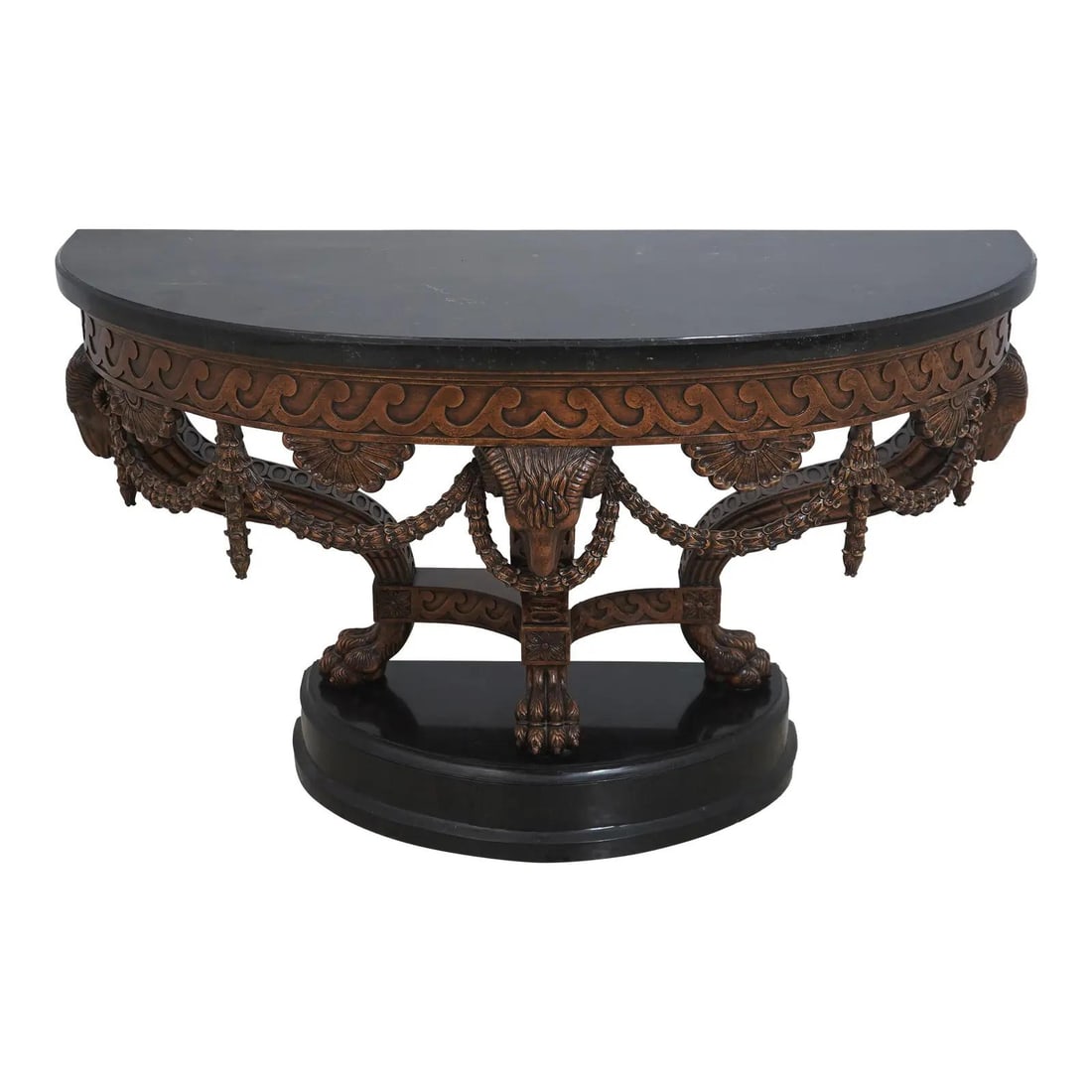 Maitland Smith Regency Console Table with Marble Top and Rams Head Base: Maitland Smith Regency Console Table with Marble Top and Rams Head Base Introducing a stunning Regency Style console table featuring fine carved details and a striking marble top. This impressive piec