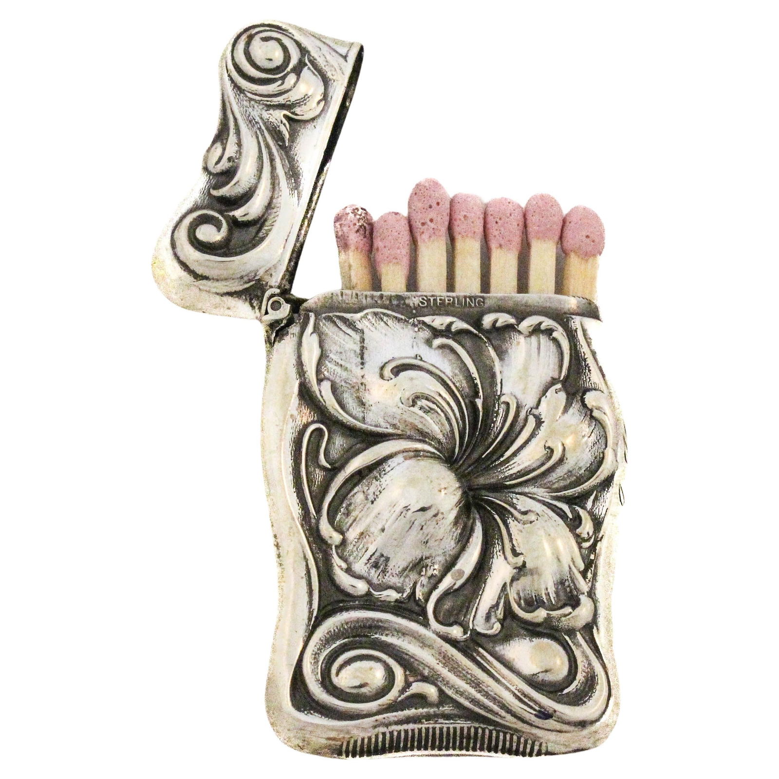 Rare Gorham Sterling Silver Art Nouveau Matchbox 1880s: Rare Gorham Sterling Silver Art Nouveau Matchbox 1880s This exquisite sterling silver Art Nouveau matchbox, crafted circa 1880, showcases the organic elegance characteristic of the era. With graceful