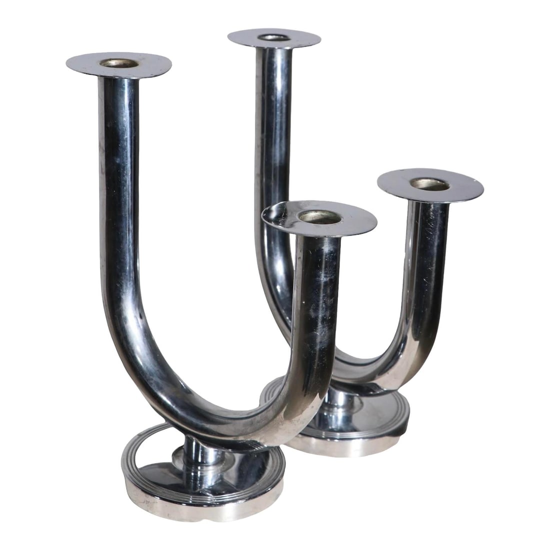 Art Deco Chrome J Shape Candlesticks by Walter Von Nessen for Chase Pair: Art Deco Chrome J Shape Candlesticks by Walter Von Nessen for Chase Pair This pair of classic Machine Age, Art Deco candlesticks features a striking J shape design, crafted from chrome and conceived b