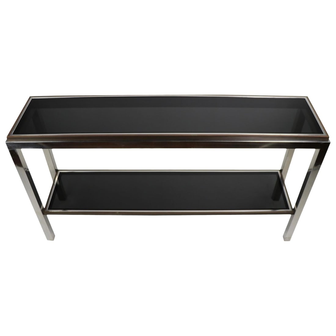 Willy Rizzo Chrome Brass Tinted Glass Two-Tier Console Table: Willy Rizzo Chrome Brass Tinted Glass Two-Tier Console Table This chic two-tier console is a stunning blend of chrome, brass, and tinted glass, showcasing the signature of renowned designer Willy Rizz