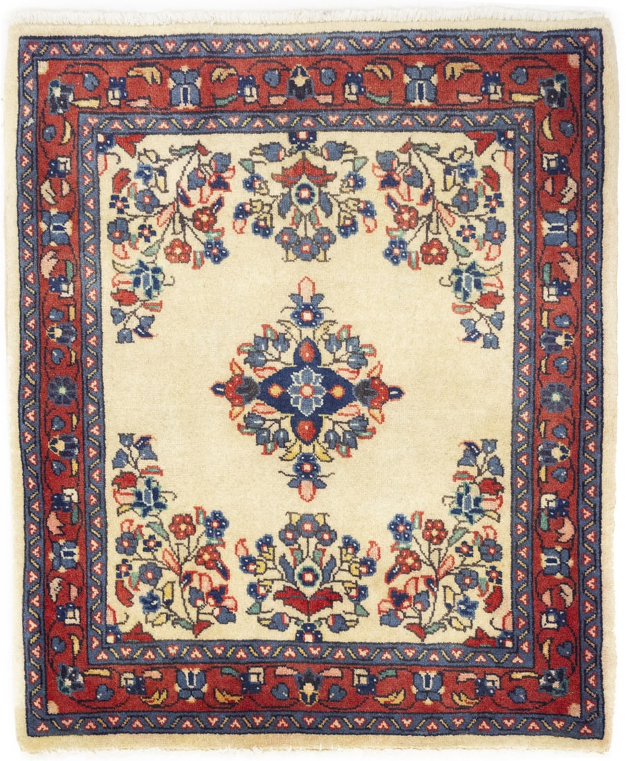 Vintage 2'3 x 2'8 ft Hand-Knotted Floral Wool Area Rug: Vintage 2'3 x 2'8 ft Hand-Knotted Floral Wool Area Rug Enhance your space with this stunning vintage Oriental rug, featuring an intricate floral design in a harmonious color palette of cream, red, blu