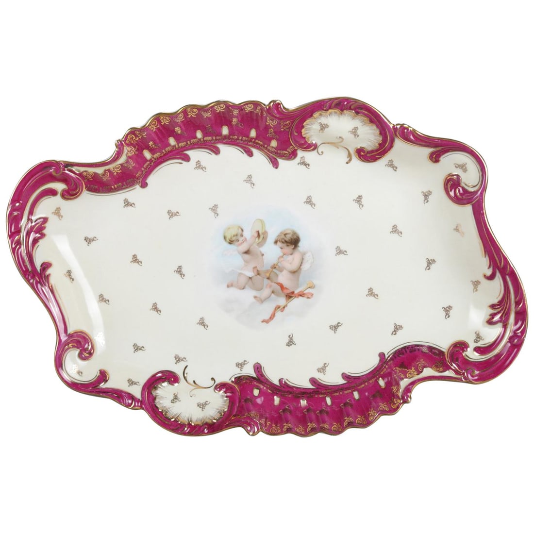 19th Century Antique German Dresden School Hand-Painted Gilt Porcelain Platter: 19th Century Antique German Dresden School Hand-Painted Gilt Porcelain Platter This exquisite antique German porcelain platter from the Dresden School features a beautifully hand-painted central cheru