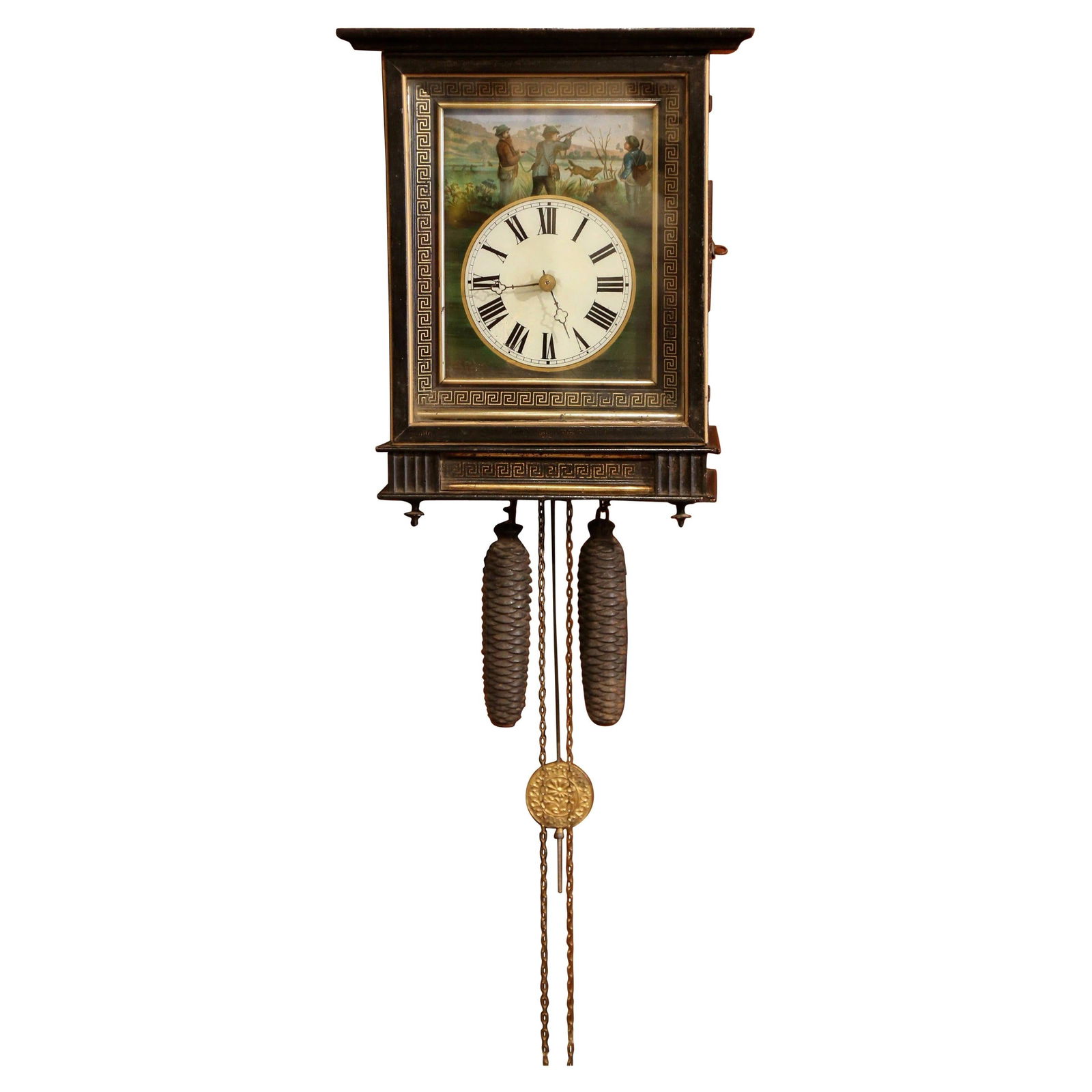 19th Century French Napoleon III Hand Painted Wall Clock with Hunting Scene: 19th Century French Napoleon III Hand Painted Wall Clock with Hunting Scene This exquisite 19th Century French Napoleon III wall clock is a stunning representation of late 19th-century craftsmanship.