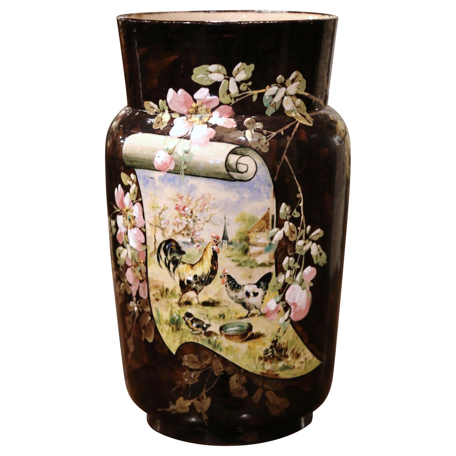 19th Century Theodore LeFront Hand Painted Barbotine Vase France: 19th Century Theodore LeFront Hand Painted Barbotine Vase France This exquisite 19th Century French Barbotine Vase showcases the artistry of Theodore LeFront, crafted circa 1865. Made from Majolica, t