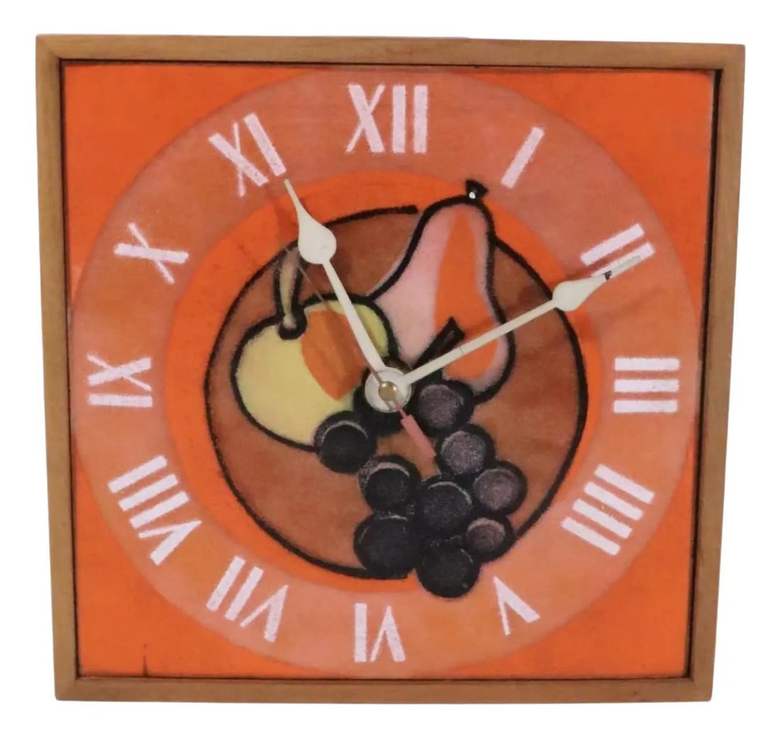 Mid Century Enamel Wall Clock Orange Fruit Motif Robert Wuersch Att: Mid Century Enamel Wall Clock Orange Fruit Motif Robert Wuersch Att Charming mid century vintage wall clock constructed of enameled metal, housed in a solid wood frame. This example is in very good, o