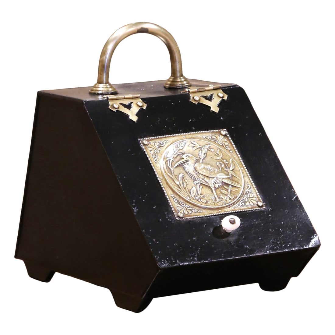 Victorian Black Tole Coal Scuttle with Bird Plaque Antique England 1880: Victorian Black Tole Coal Scuttle with Bird Plaque Antique England 1880 This exquisite 19th Century Victorian English Black Tole Coal Scuttle showcases the intricate craftsmanship of the late 1800s. C