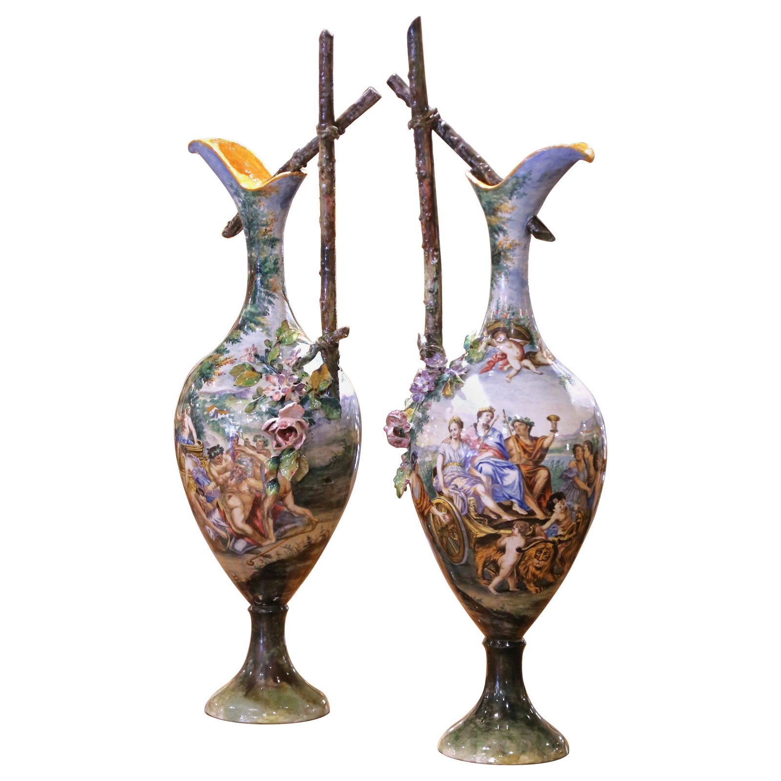 Set of 2 19th Century Italian Capodimonte Majolica Ewers with Bacchic Scenes: Set of 2 19th Century Italian Capodimonte Majolica Ewers with Bacchic Scenes This extraordinary pair of monumental Capodimonte majolica ewers, crafted in Italy circa 1870, stands at an impressive heig
