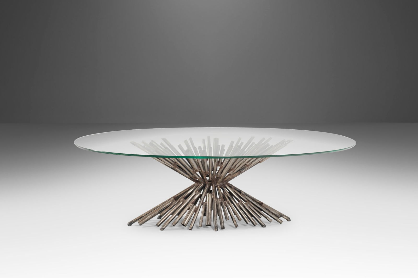 Unique Silas Seandel Brutalist Steel Coffee Table with Glass Top 1970: Unique Silas Seandel Brutalist Steel Coffee Table with Glass Top 1970 This extraordinary dining table is the epitome of one of a kind. Hand-crafted by Silas Seandel himself, this exquisite coffee tabl