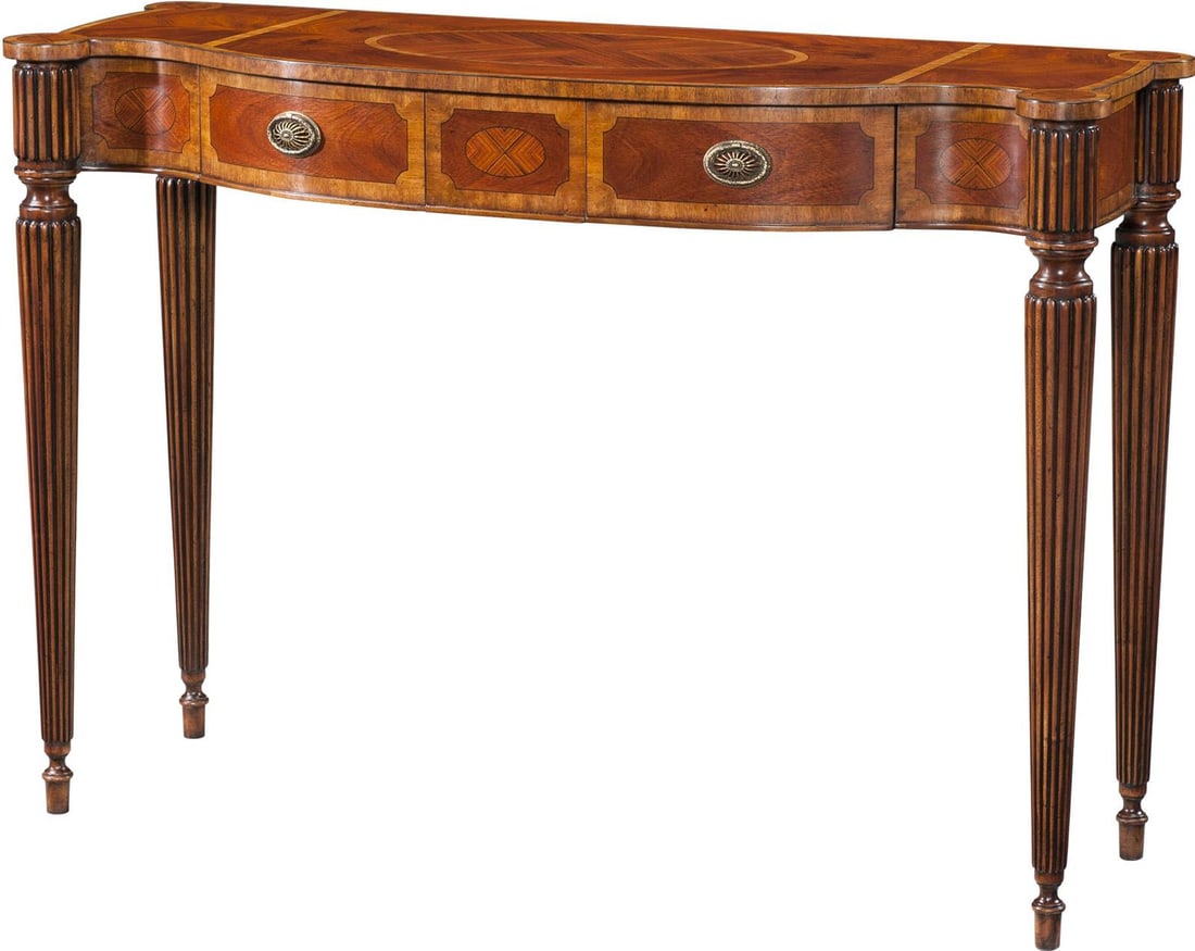 Theodore Alexander Georgian Style Mahogany Console with Oval Inlay: Theodore Alexander Georgian Style Mahogany Console with Oval Inlay This elegant console table by Theodore Alexander showcases a classic Georgian style, featuring a beautiful oval inlay crafted from ri