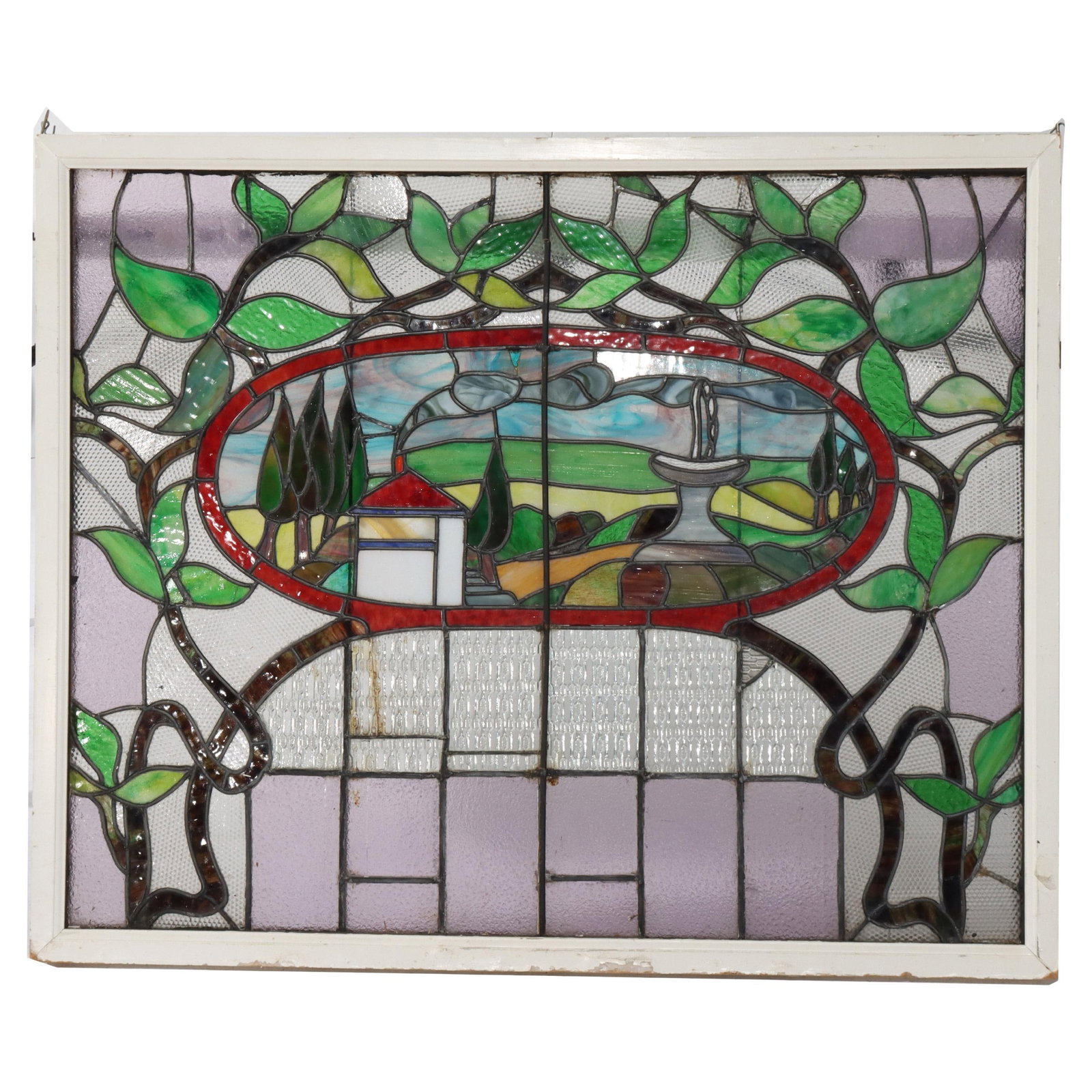 Antique Arts and Crafts Stained Leaded Glass Window c1920 Scenic Design: Antique Arts and Crafts Stained Leaded Glass Window c1920 Scenic Design This exquisite antique stained leaded glass window, crafted during the Arts and Crafts period around 1920, measures 42 in height