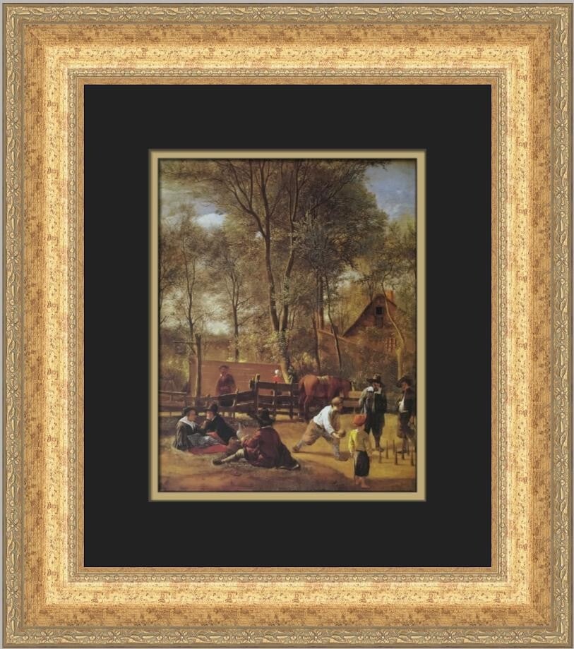 Jan Steen The Skittle Players Custom Framed Print 18 x 17: Jan Steen The Skittle Players Custom Framed Print 18 x 17 This exquisite custom framed print titled "The Skittle Players outside of the Inn" by artist Jan Steen captures a lively scene rooted in the t