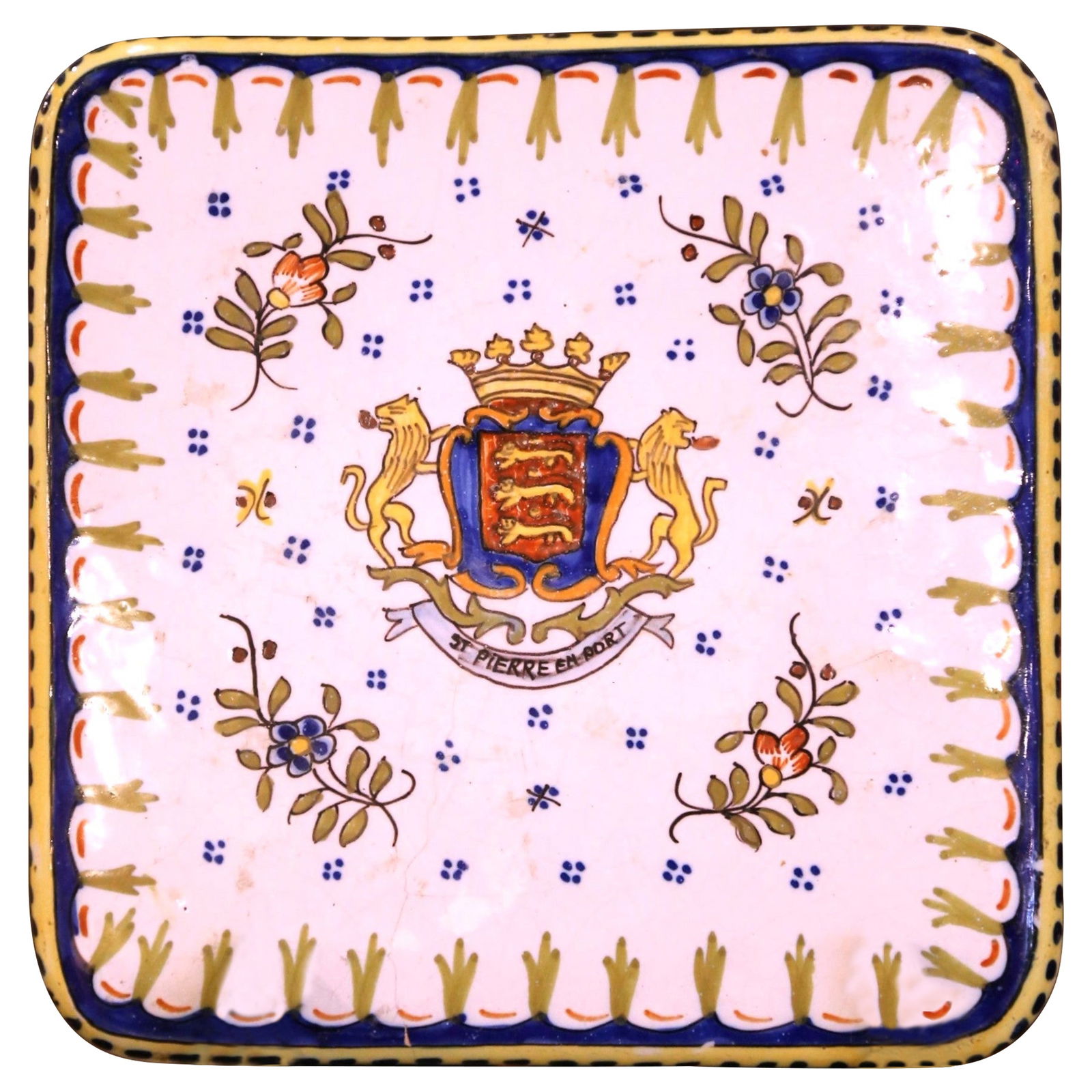 Antique Faience Coaster Tray by Grande Maison HB Quimper 1910: Antique Faience Coaster Tray by Grande Maison HB Quimper 1910 Elevate your dining experience with this exquisite early 20th century French faience coaster tray by De Charolle, crafted in Quimper aroun