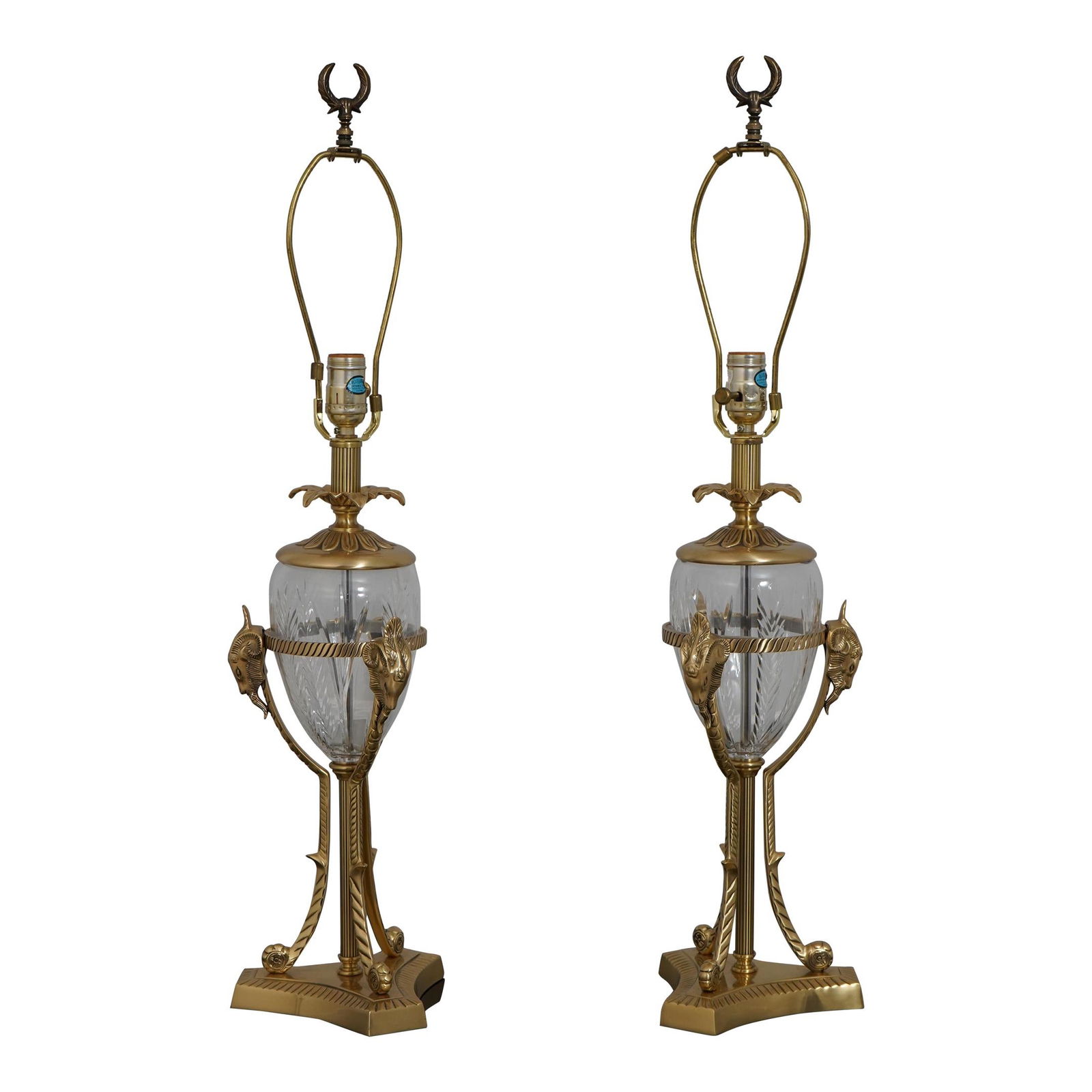 Exquisite Regency Rams Head Brass Crystal Lamps Pair 31.5 Inch: Exquisite Regency Rams Head Brass Crystal Lamps Pair 31.5 Inch This exquisite pair of Regency lamps features solid brass frames adorned with intricately designed Rams heads. Crafted from high-quality