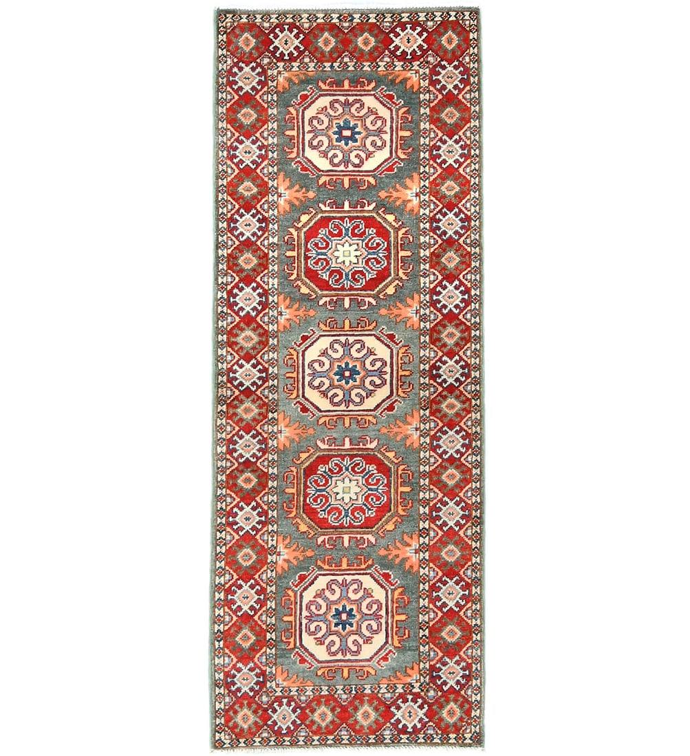 Kazak Gray Tribal Geometric Wool Runner Rug 2X5.5 ft Handmade: Kazak Gray Tribal Geometric Wool Runner Rug 2X5.5 ft Handmade Enhance your home decor with this stunning Kazak Gray Tribal Geometric Oriental Runner Rug. Measuring 2'0" x 5'5", this hand-knotted rug s
