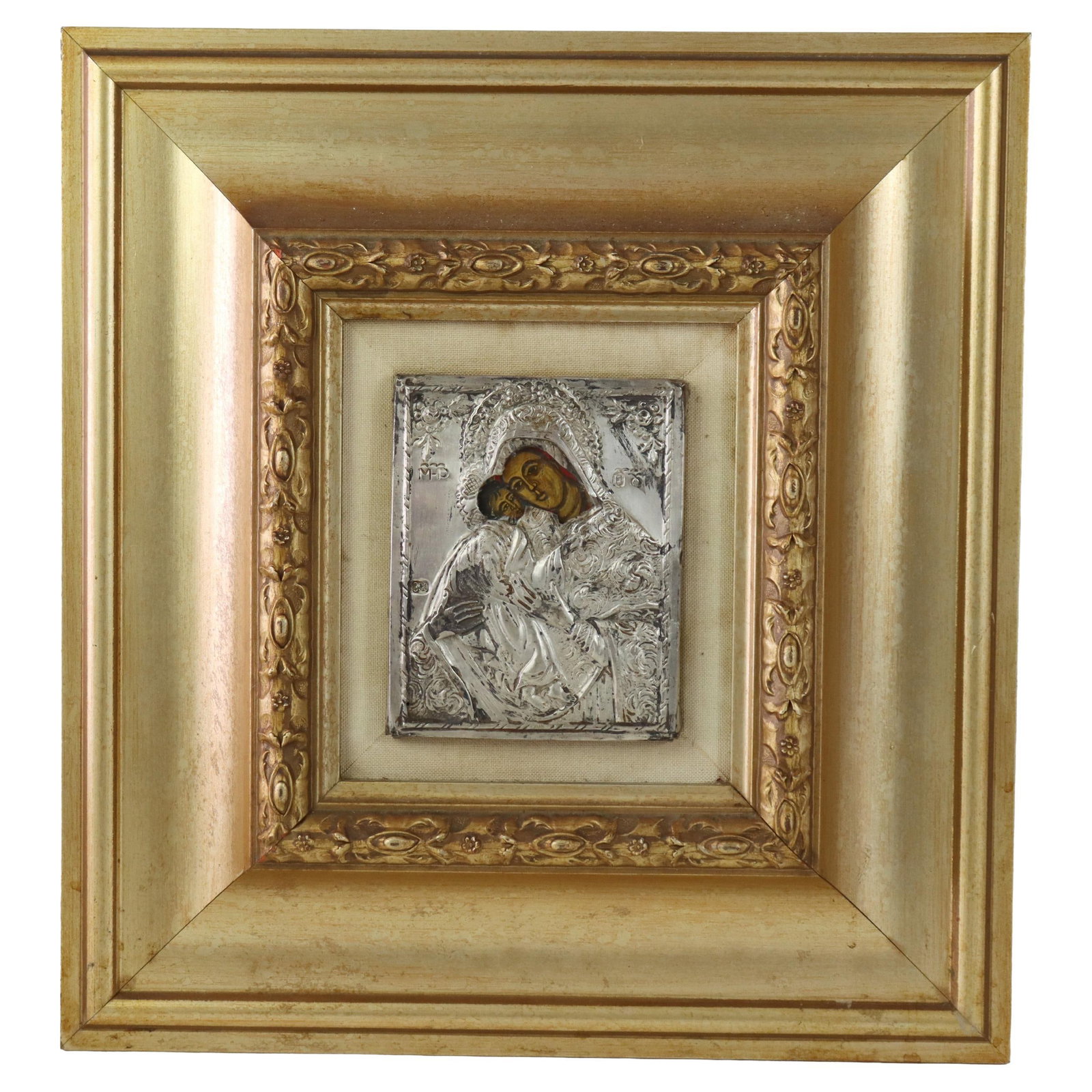 19th Century Antique Greek Orthodox Icon Madonna Child Silver Frame: 19th Century Antique Greek Orthodox Icon Madonna Child Silver Frame This exquisite 19th-century Greek Orthodox icon features the revered Madonna & Child, beautifully presented in a silver frame adorne