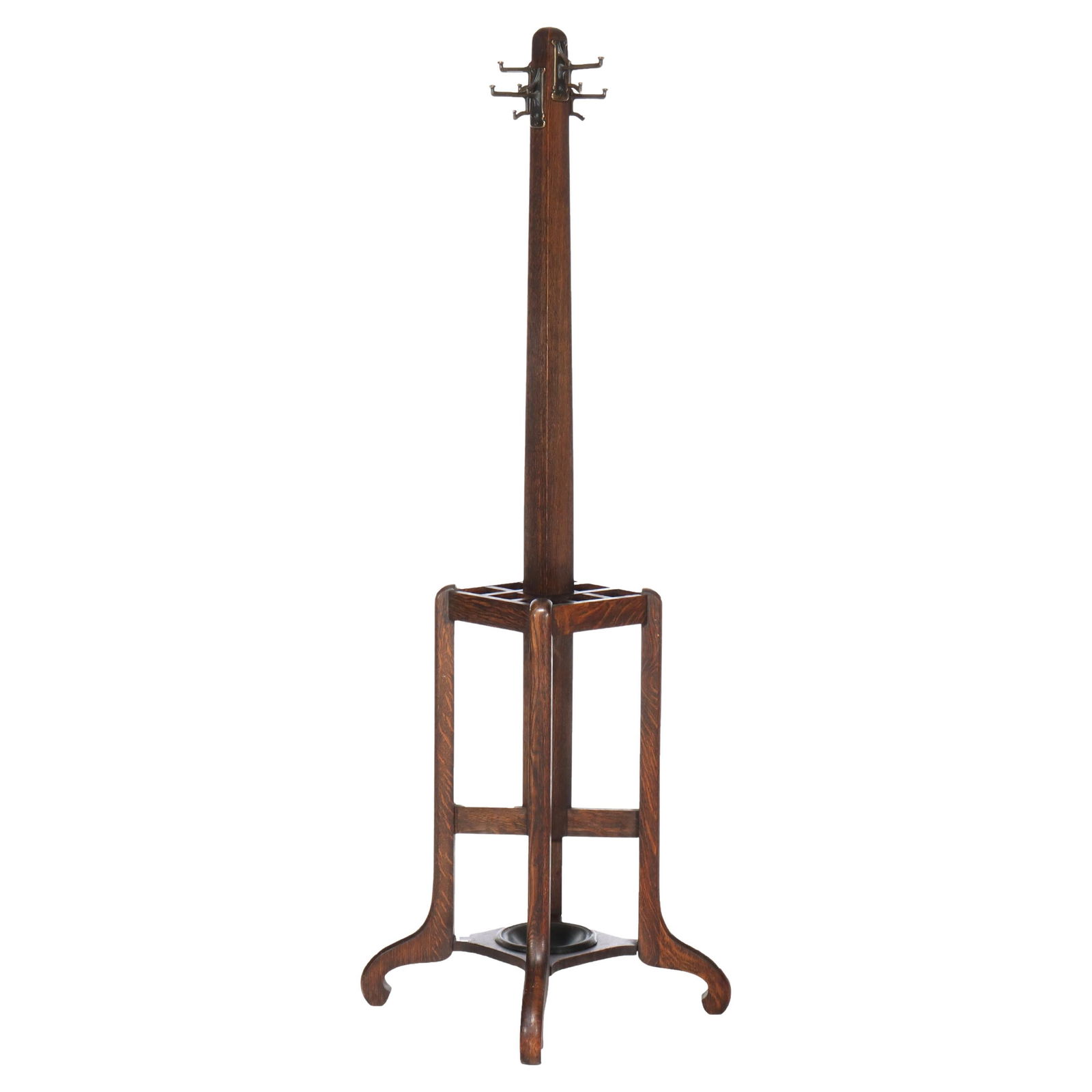 Arts & Crafts Oak Hat Rack Umbrella Stand Stickley School C1920: Arts & Crafts Oak Hat Rack Umbrella Stand Stickley School C1920 This Antique Stickley School Arts & Crafts Oak Hat Rack & Umbrella Stand, dating to circa 1920, exemplifies early 20th-century craftsman