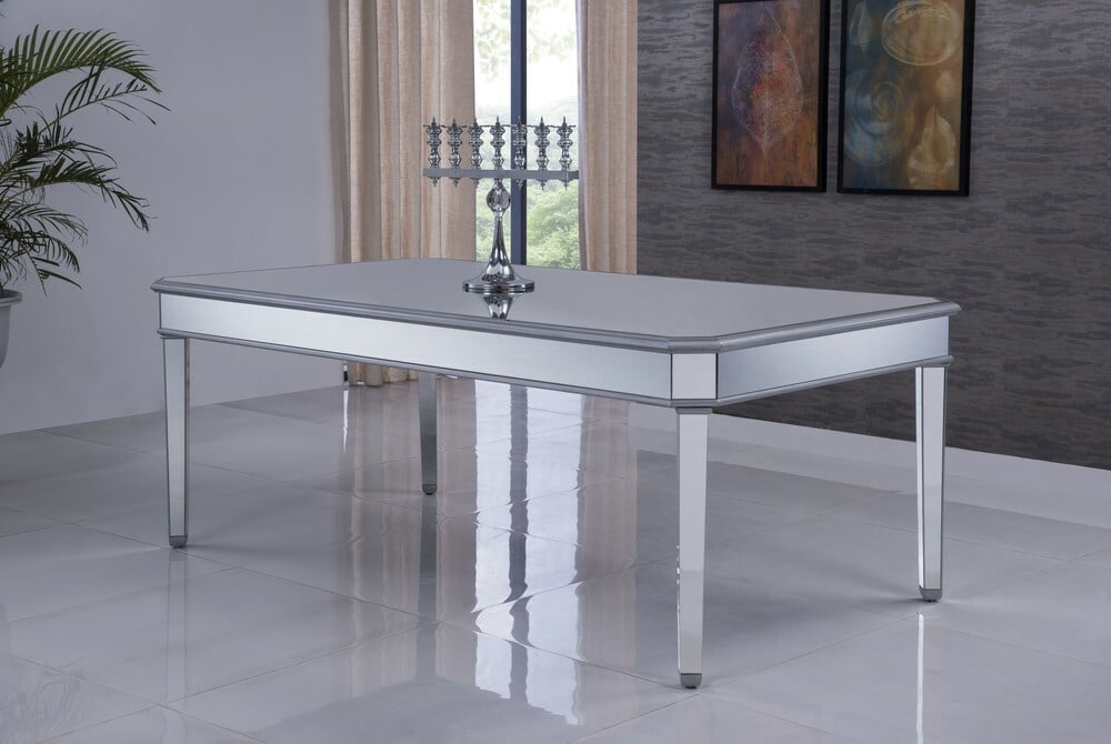 Elegant Contempo Mirrored Console Table 60 Inch Silver: Elegant Contempo Mirrored Console Table 60 Inch Silver This elegant rectangular console table makes a stunning addition to your kitchen, dining room, or foyer. With a sleek antique silver finish and c