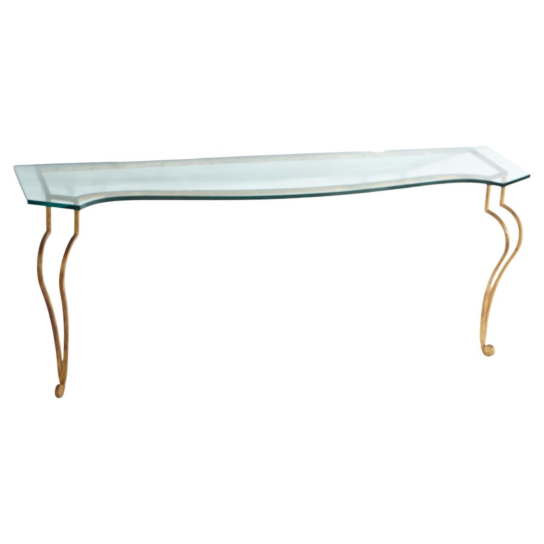 Italian 20th Century Gold Gilt Wrought Iron Console Table with Glass Top: Italian 20th Century Gold Gilt Wrought Iron Console Table with Glass Top This exquisite Italian console table from the 20th century features a beautifully crafted gilt wrought iron frame with scrolled