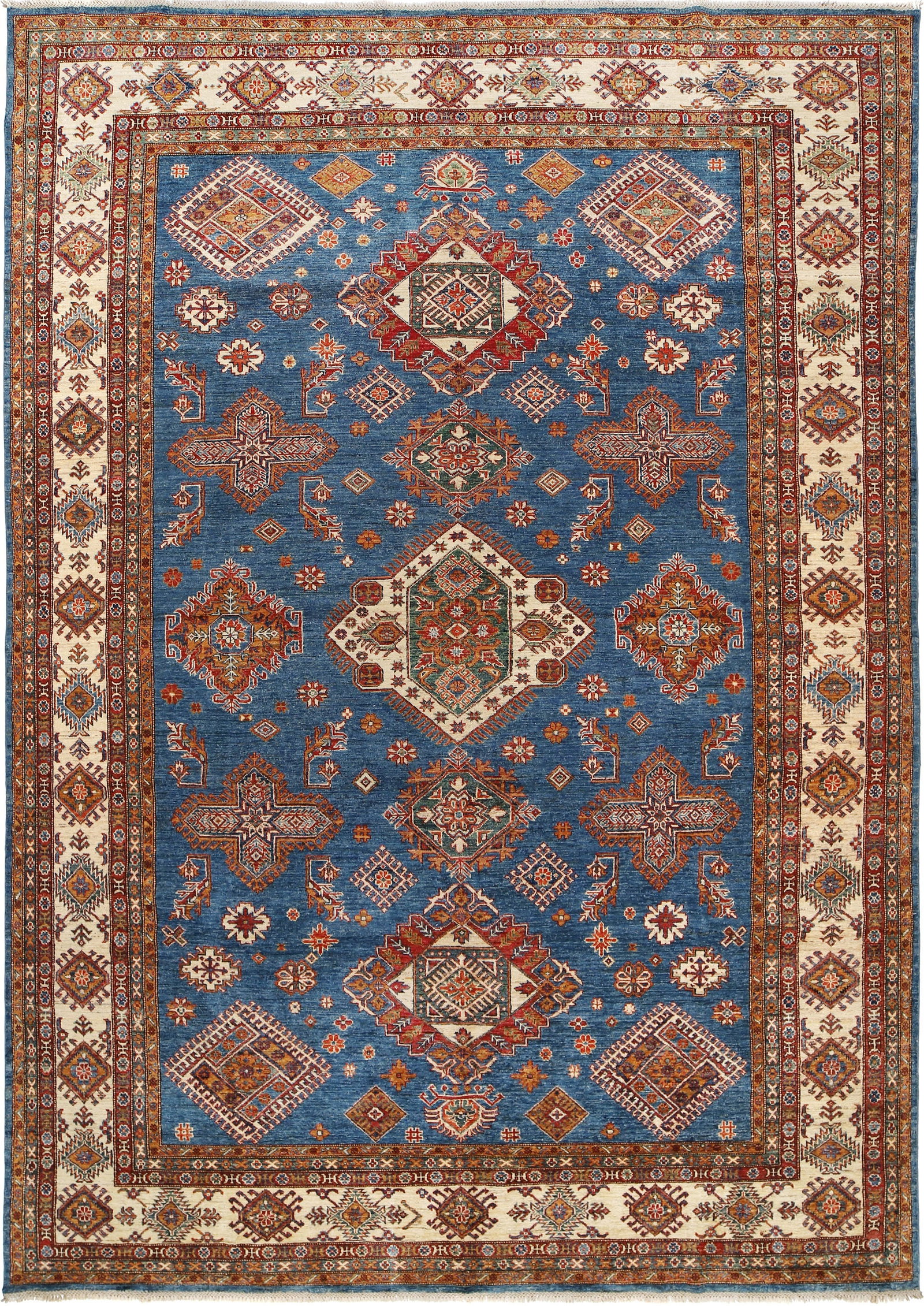 Hand-Knotted 9.7 x 14 Super Kazak Rug in Blue Wool: Hand-Knotted 9.7 x 14 Super Kazak Rug in Blue Wool Elevate your living space with this stunning 9.7 x 14' Super Kazak Area Rug, meticulously hand-knotted by skilled artisans. Crafted from the finest o