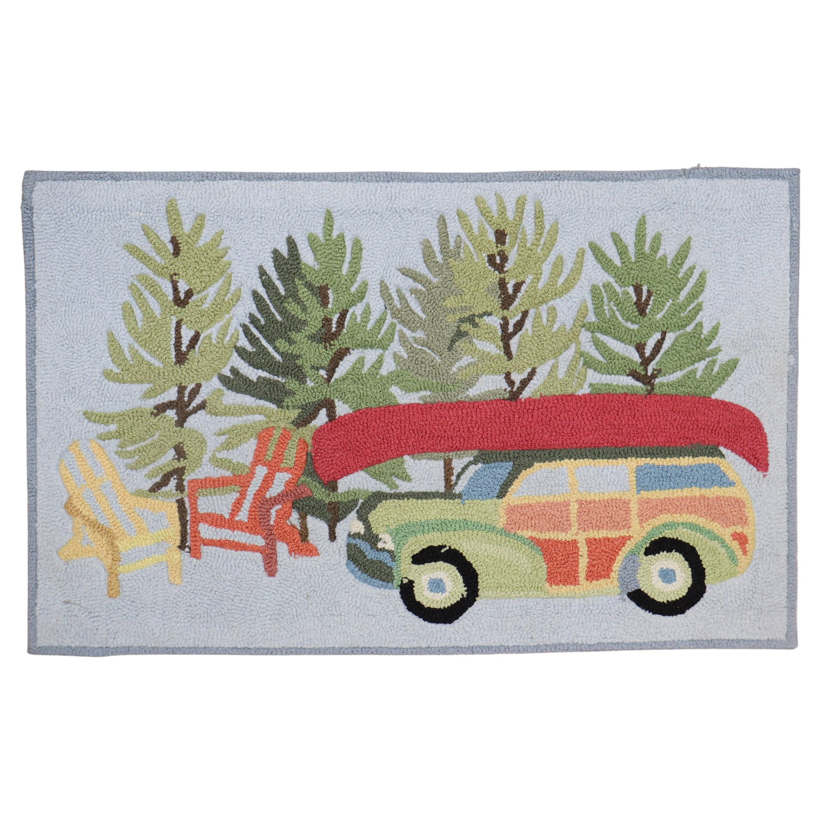 Colorful Hand-Crafted American Hooked Rug with Canoe and Car: Colorful Hand-Crafted American Hooked Rug with Canoe and Car This vibrant late 20th century American hooked rug features a charming design with a red canoe atop a small car, surrounded by trees and tw