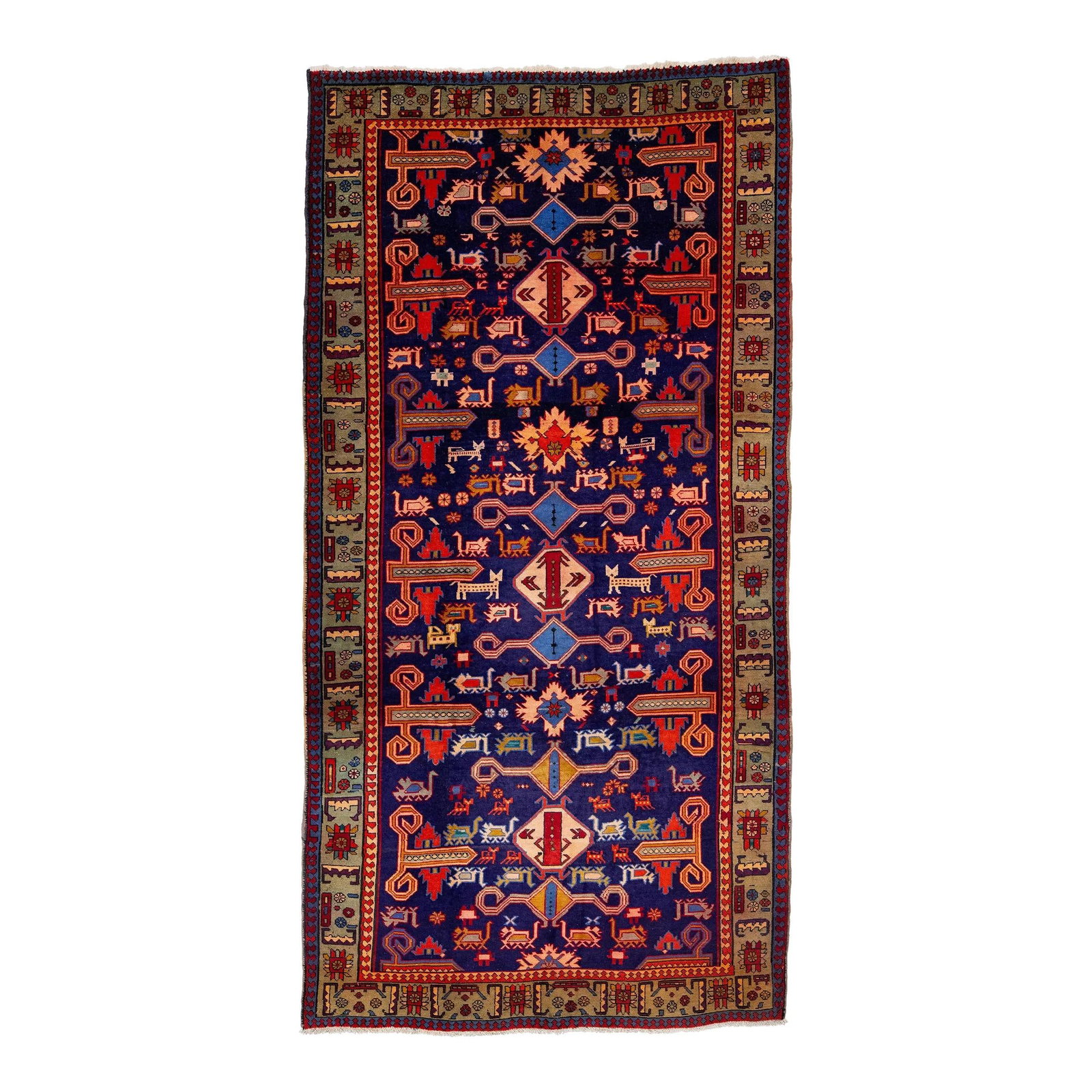 Vintage Heriz Persian Wool Rug 5' x 9'9" Navy Blue Geometric Floral Design: Vintage Heriz Persian Wool Rug 5' x 9'9" Navy Blue Geometric Floral Design This stunning vintage Heriz Persian rug showcases a captivating navy blue field, meticulously hand-knotted from premium wool.