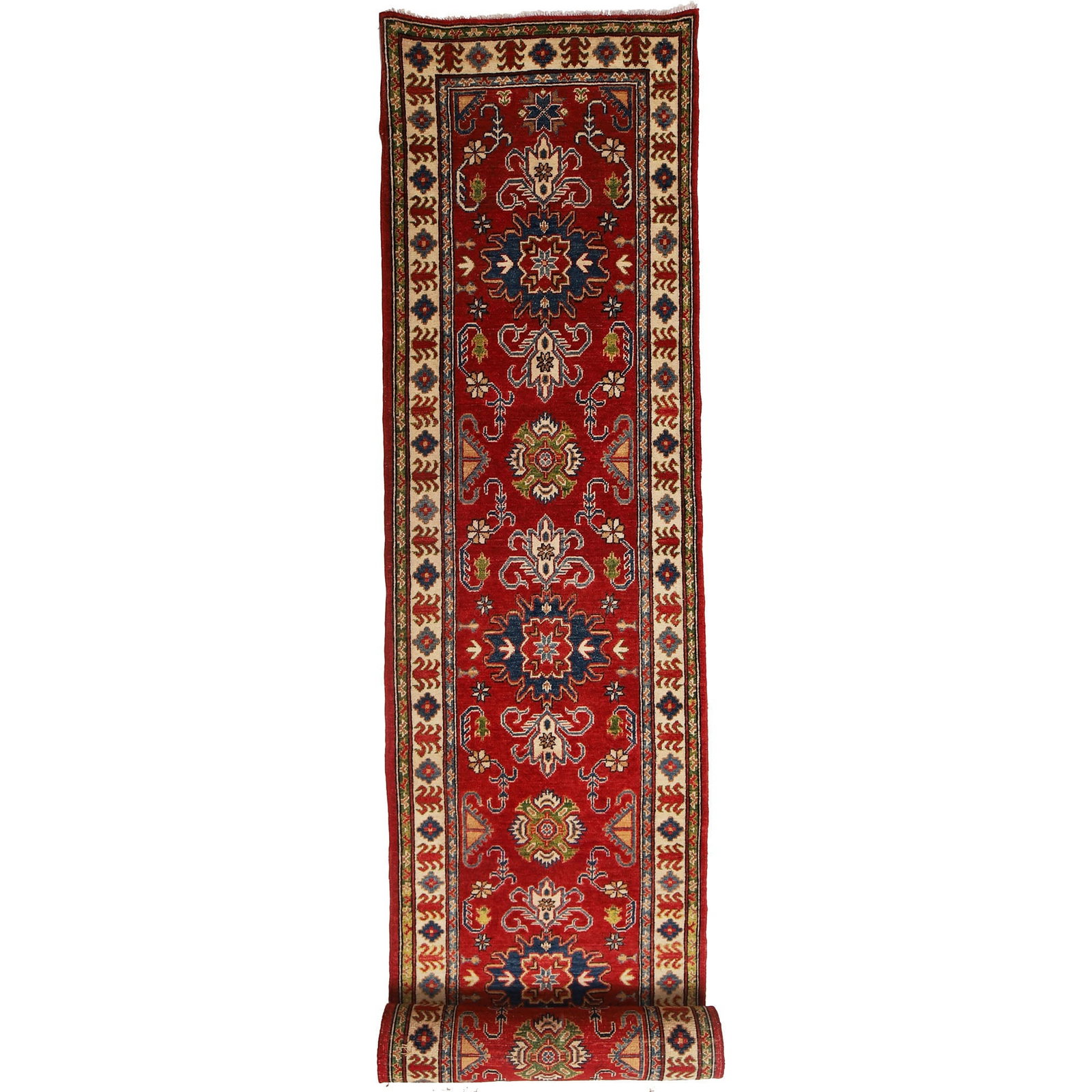Handmade 2.8 x 12.10 Berry Red Kazak Rug Natural Wool: Handmade 2.8 x 12.10 Berry Red Kazak Rug Natural Wool Enhance your living space with this exquisite Handmade Berry Red Kazak Rug, measuring 2.8 x 12.10 feet. Crafted by skilled artisans, this rug show