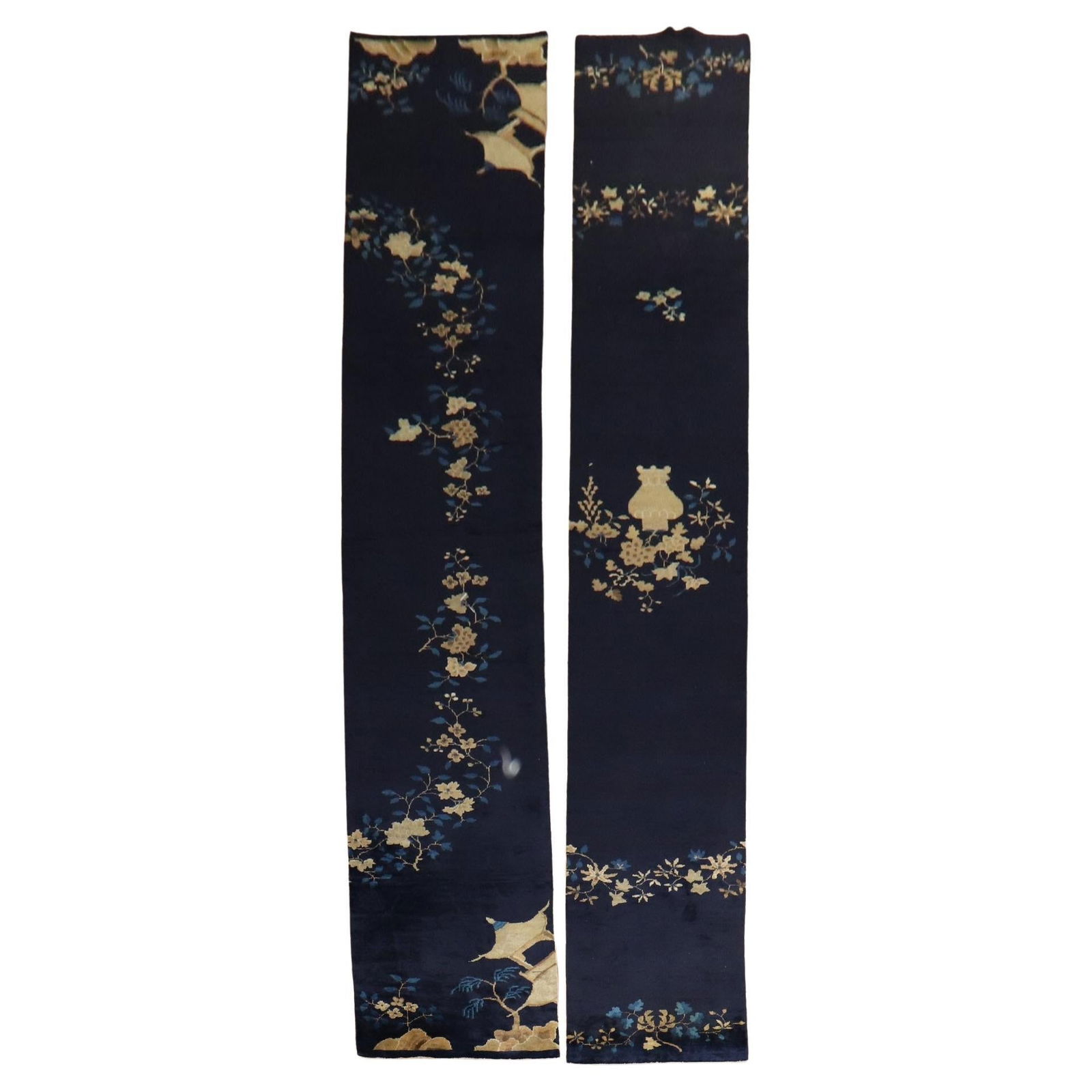 Set of 2 Chinese Blue Peking Wool Runners Early 20th Century: Set of 2 Chinese Blue Peking Wool Runners Early 20th Century This exquisite pair of Chinese Blue Peking runners features a romantic style and showcases the artistry of early 20th-century craftsmanship