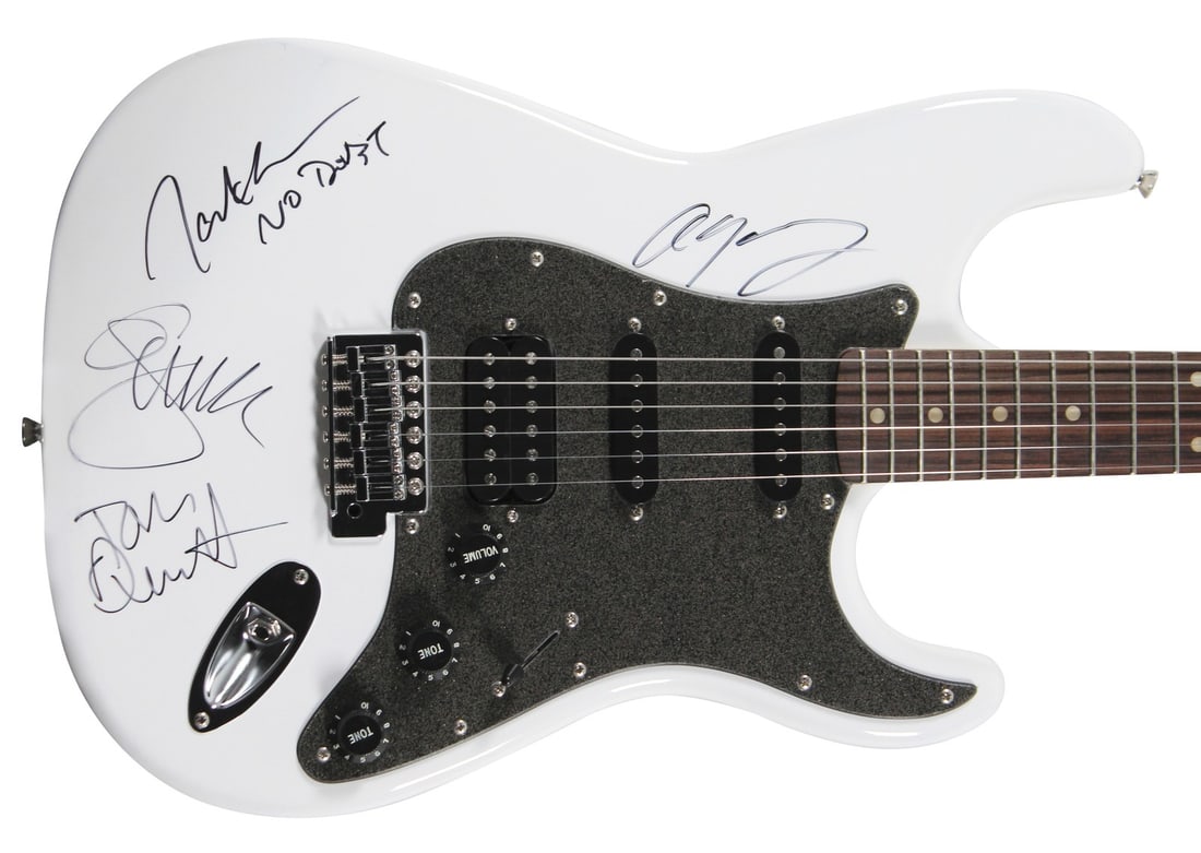 No Doubt Signed White Fender Squier Stratocaster Guitar JSA COA: No Doubt Signed White Fender Squier Stratocaster Guitar JSA COA This autographed white Fender Squier Stratocaster electric guitar is a must-have for fans of No Doubt. Personally signed by iconic band