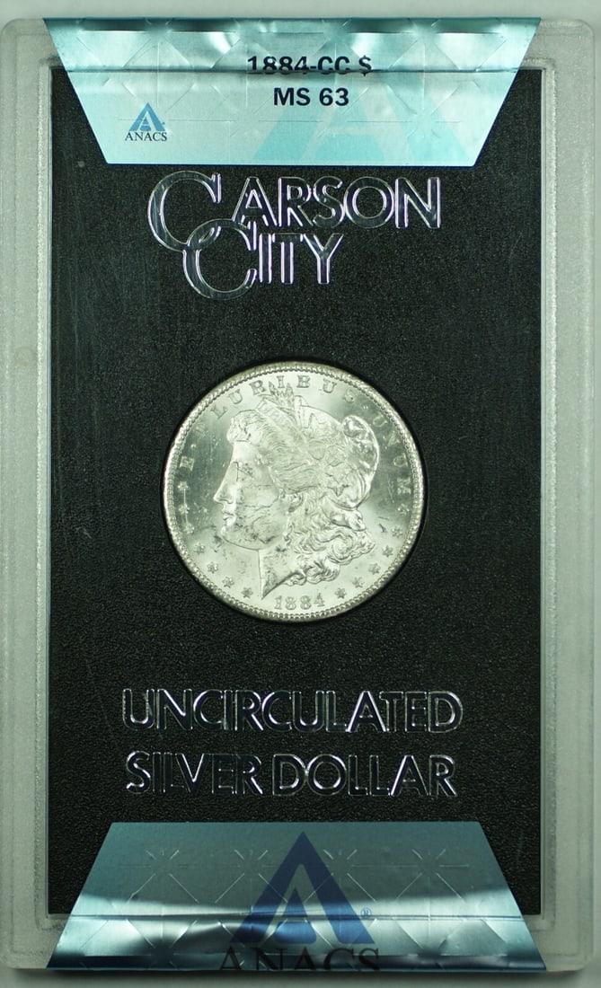 1884-CC Morgan Silver Dollar ANACS MS 63 Uncirculated Coin: 1884-CC Morgan Silver Dollar ANACS MS 63 Uncirculated Coin This 1884-CC GSA Morgan Silver Dollar Coin showcases the renowned Morgan design. Struck in 1884 at the Carson City Mint, this coin features a